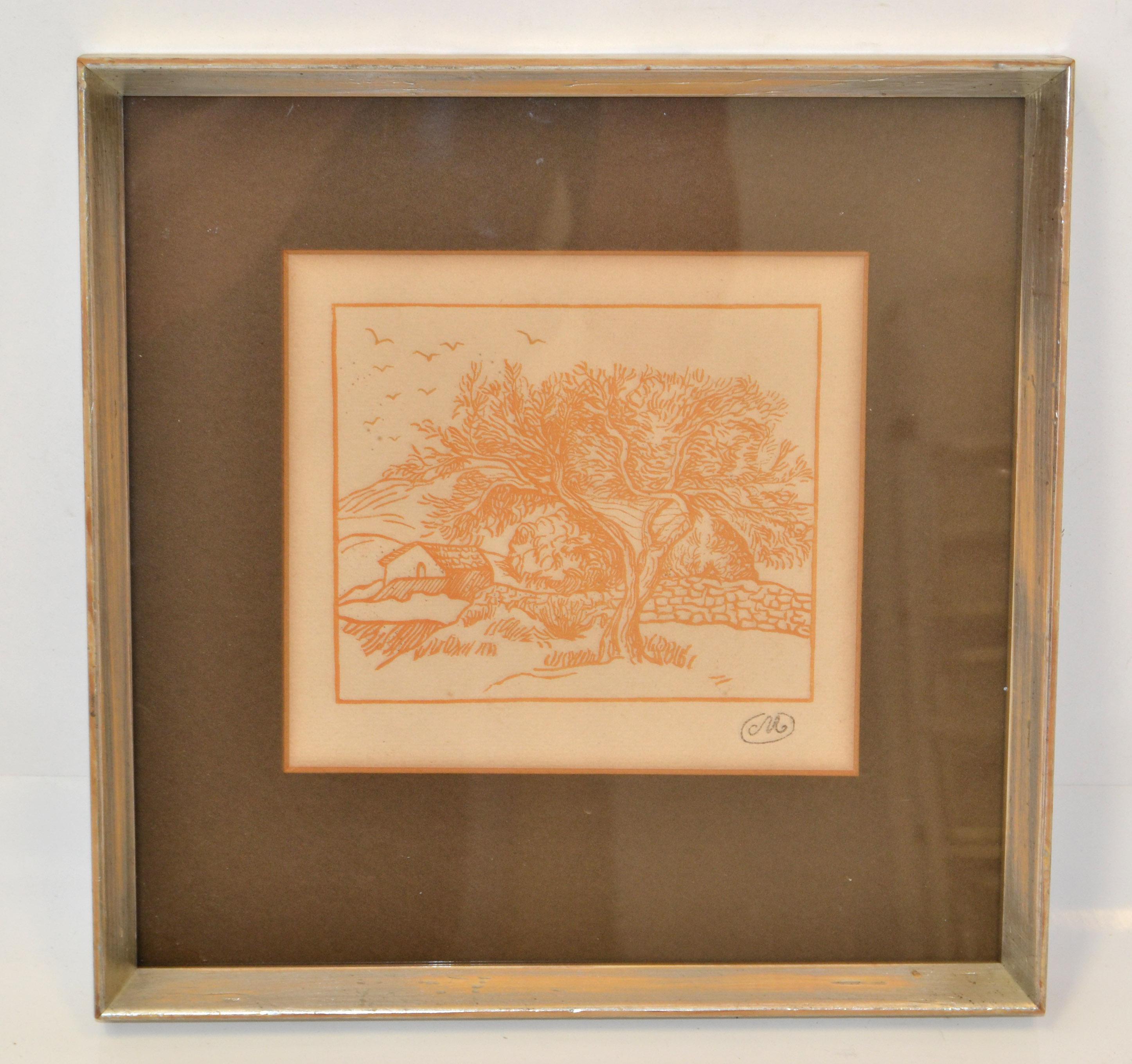 Art Nouveau 1950 Framed Print Marked M Landscape Scenery Orange Silver Wood Frame Distressed For Sale