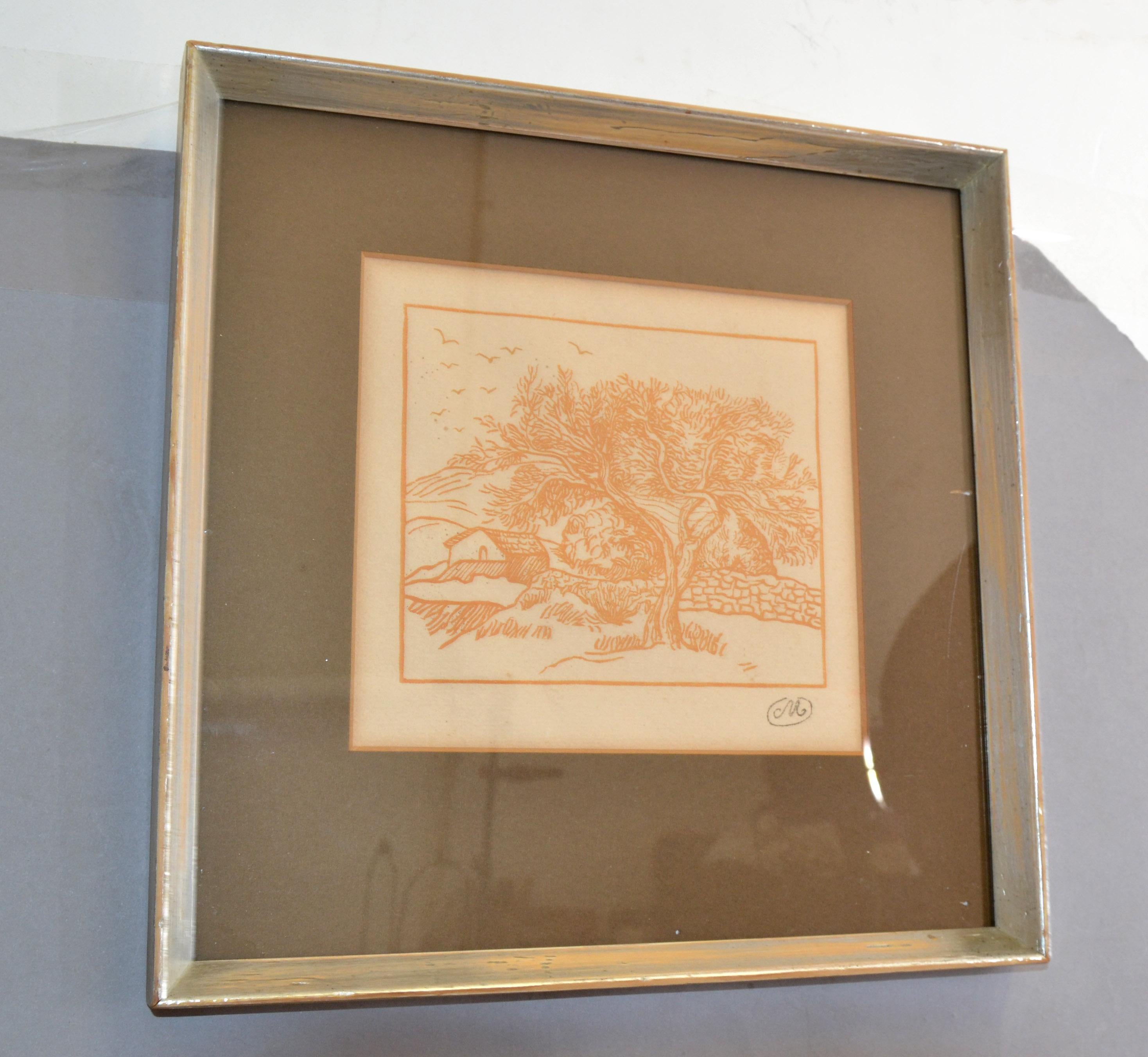 French 1950 Framed Print Marked M Landscape Scenery Orange Silver Wood Frame Distressed For Sale
