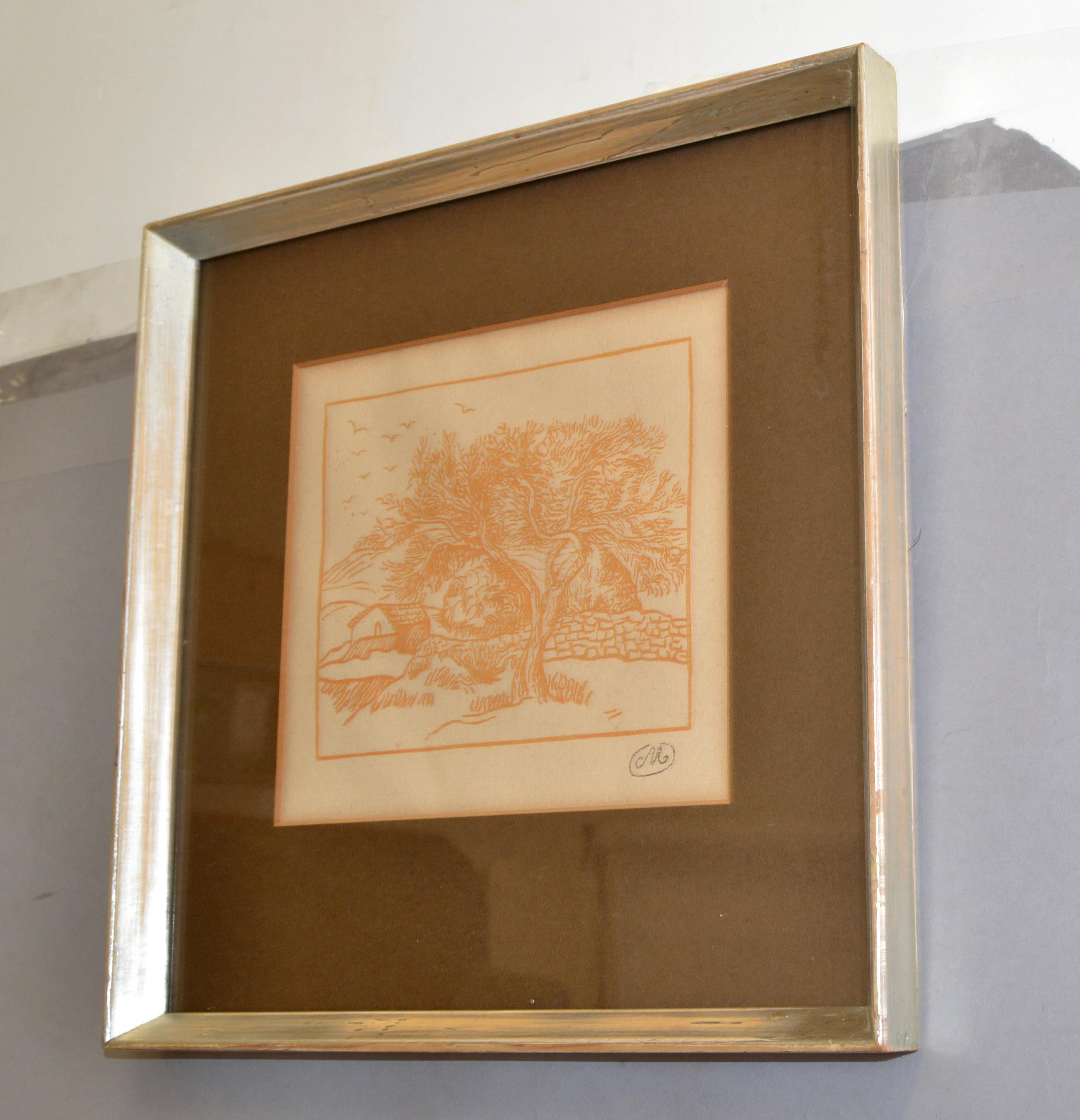 1950 Stampa incorniciata con il marchio M Landscape Scenery Orange Silver Wood Frame Distressed In condizioni buone in vendita a Miami, FL