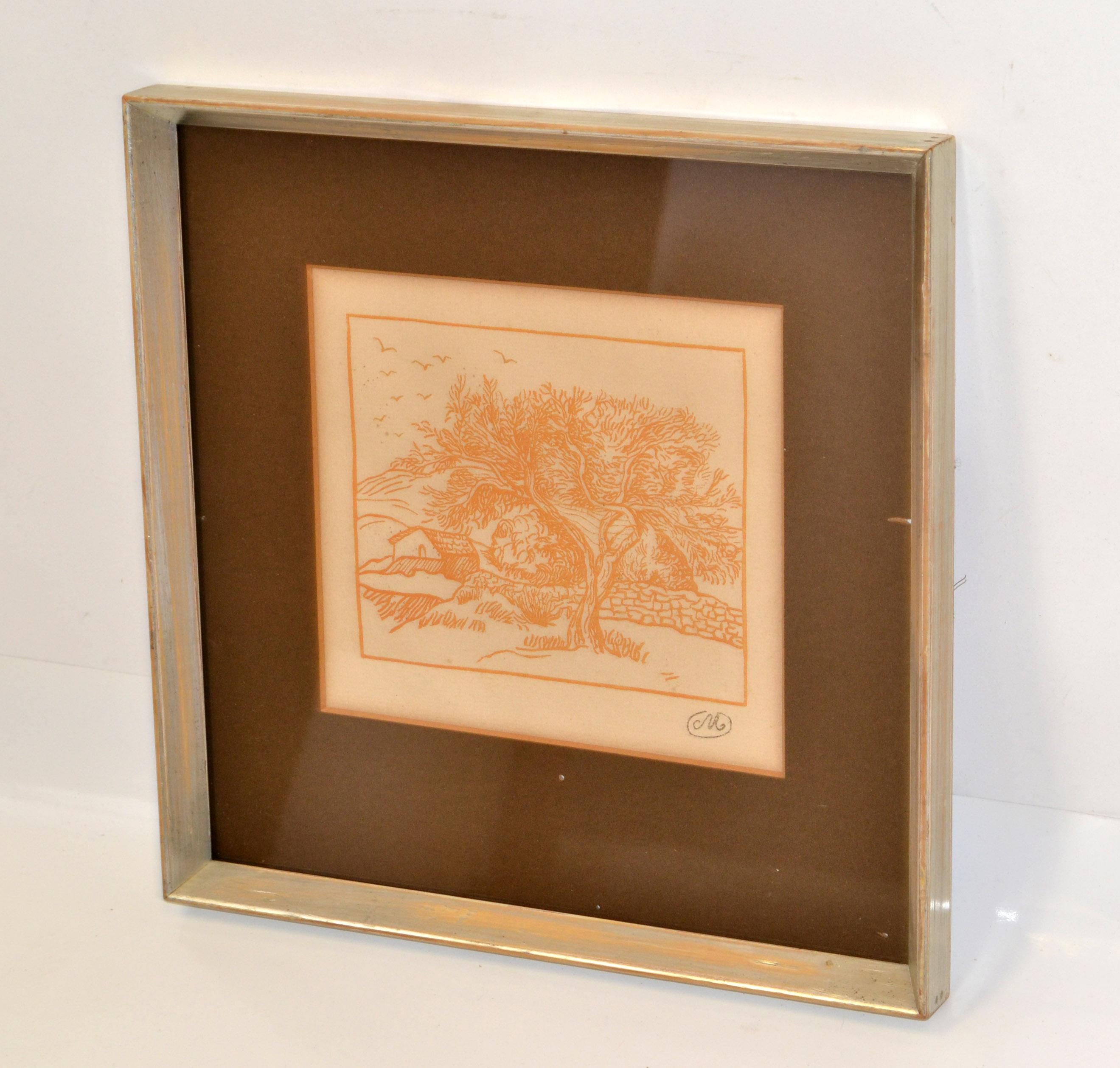 1950 Framed Print Marked M Landscape Scenery Orange Silver Wood Frame Distressed For Sale 1