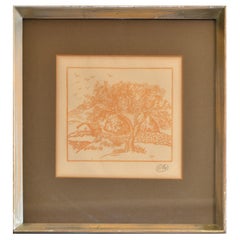 Impression encadrée, marquetée M, paysage, cadre en bois argenté orange, vieilli, 1950
