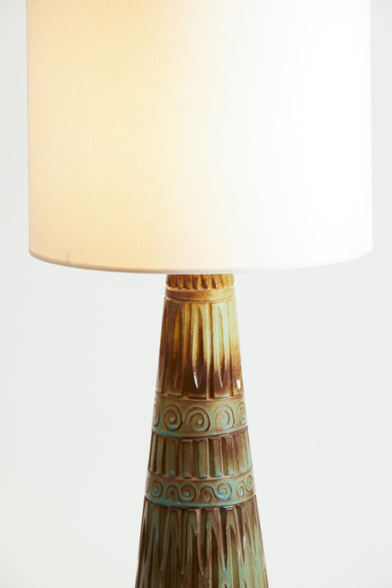 Marius Bessone from Vallauris signed pottery lamp with turquoise hue and patterns. Large scale.