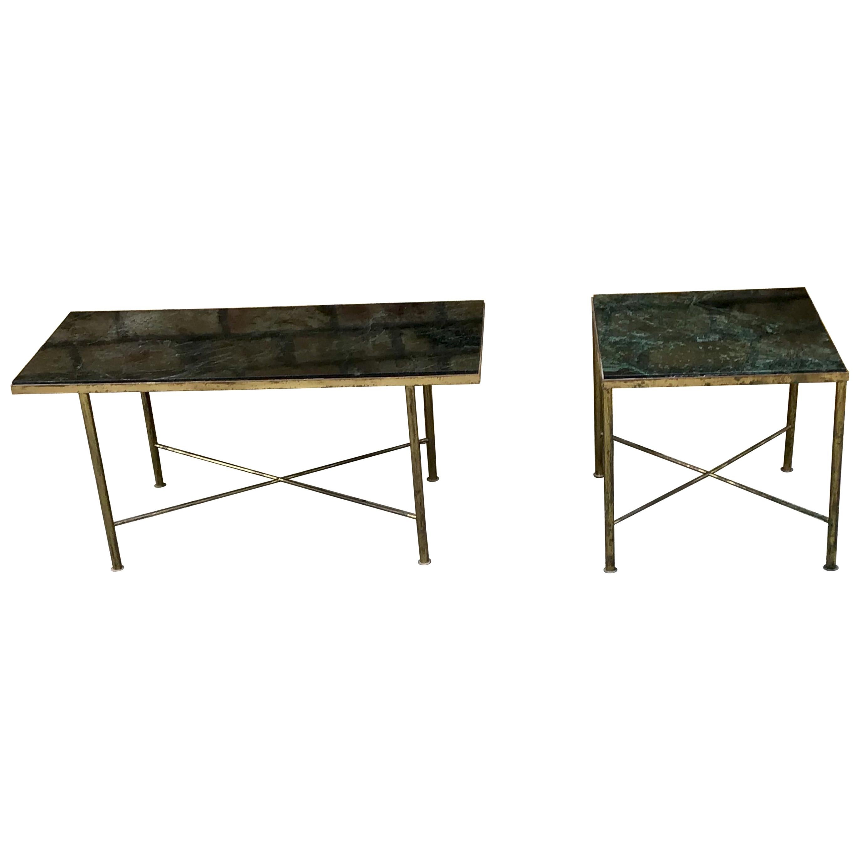1950 French Brass and Marble Side Tables Green Black