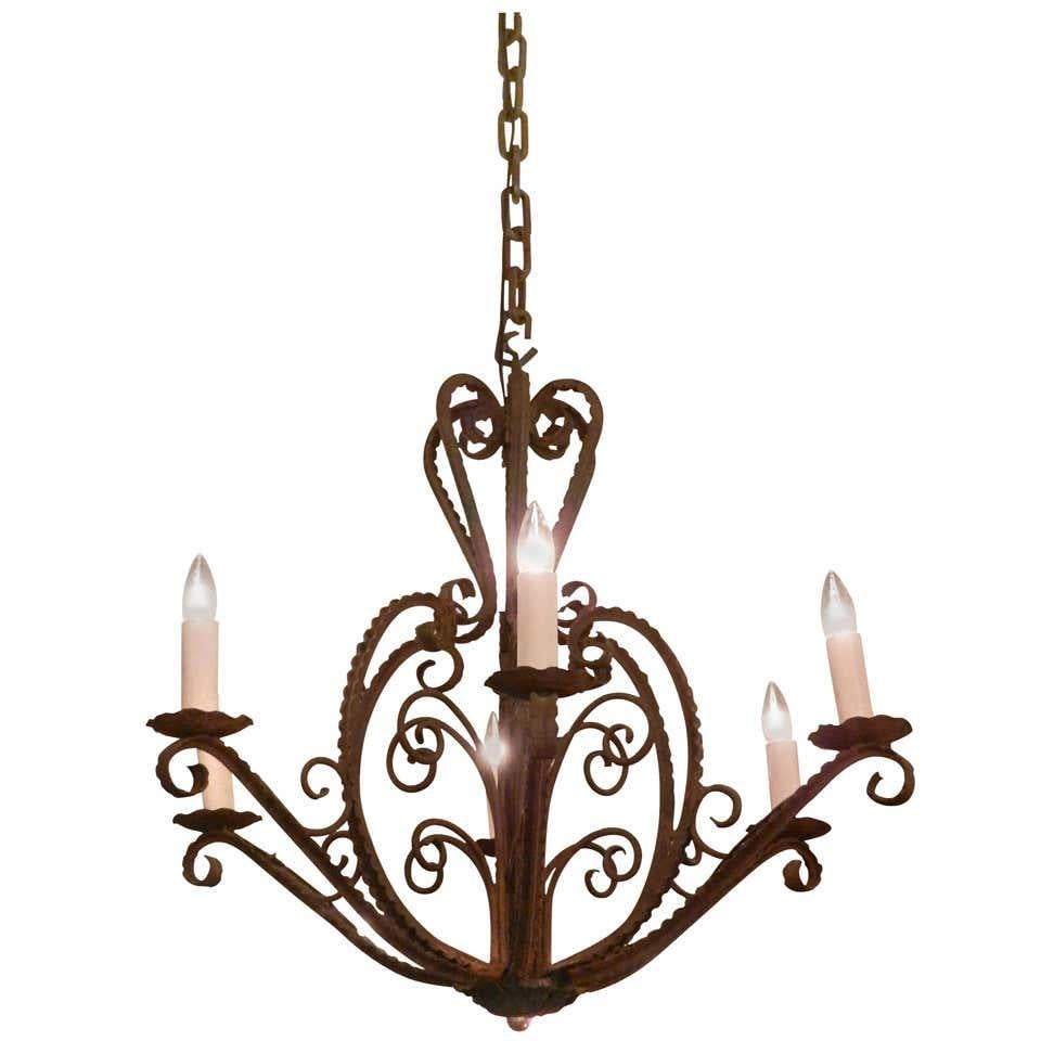 Mid-20th Century French Country Wrought Iron 6 Arm Chandelier Heart Scroll Motif For Sale