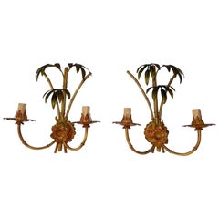 1950 French Faux Bamboo Palm Tole Sconces