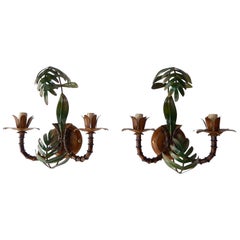 1950 French Faux Bamboo Palm Tole Sconces