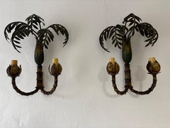 Appliques françaises rares en faux bambou et tôle de palmier, 1950