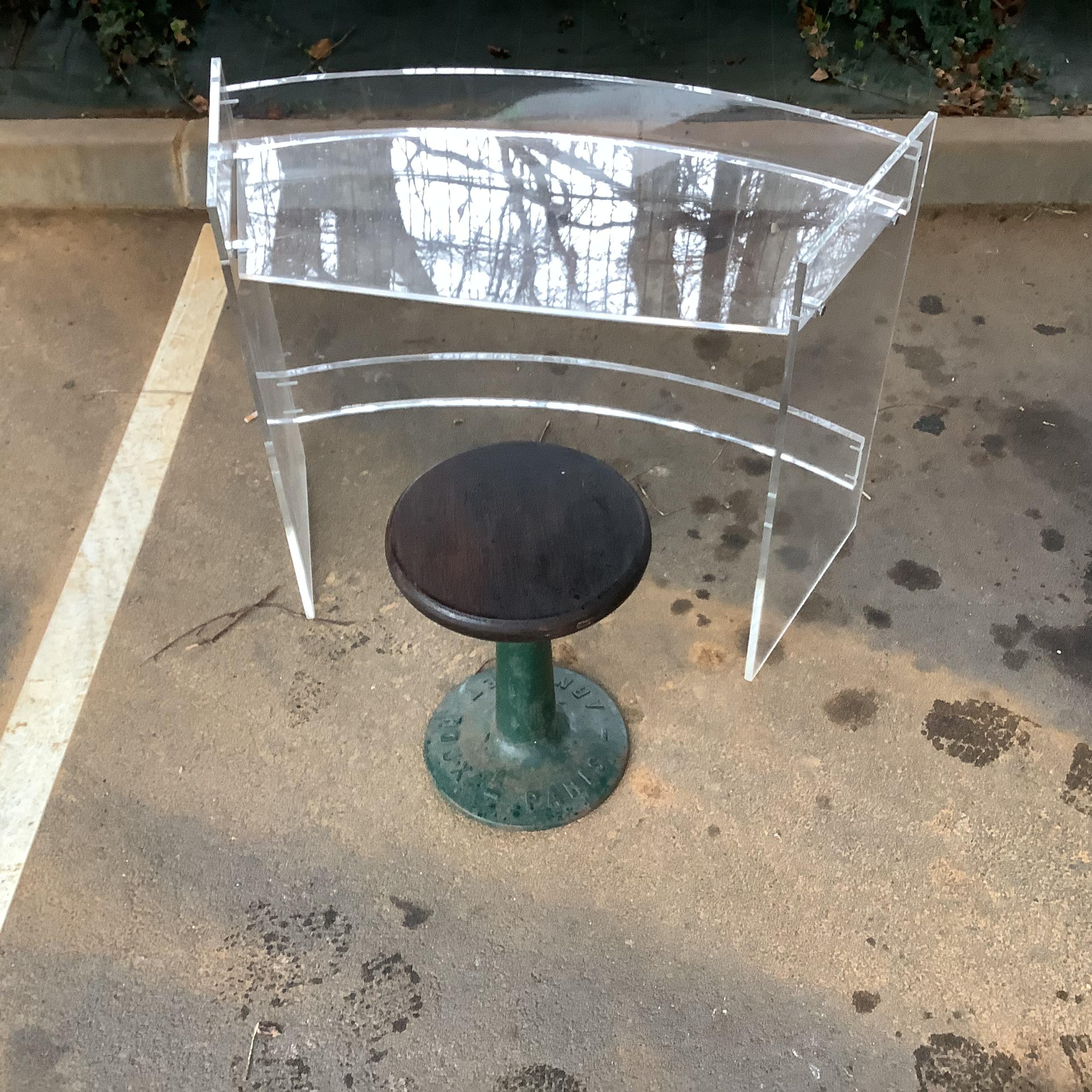 1950’s Arnon et Roux Paris cast metal base adjustable industrial stool rare stool has self threaded cast base 
With lettering .The seat solid Birch 