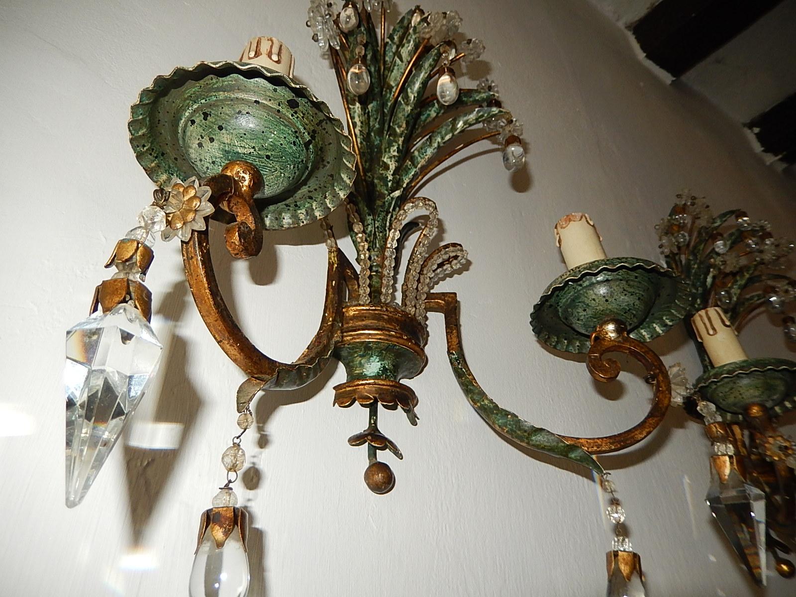 1950 French Maison Baguès Style Crystal Beaded Green Sconces 4
