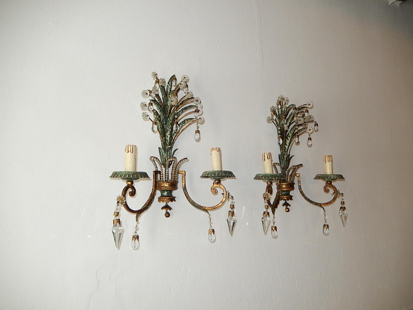 1950 French Maison Baguès Style Crystal Beaded Green Sconces 5