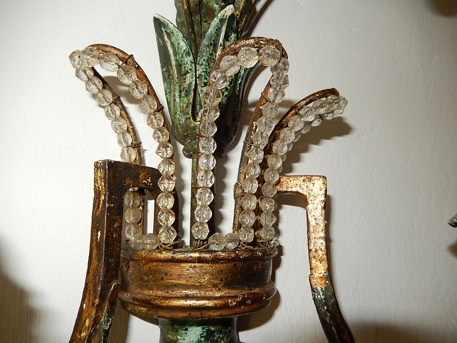 Tôle 1950 French Maison Baguès Style Crystal Beaded Green Sconces