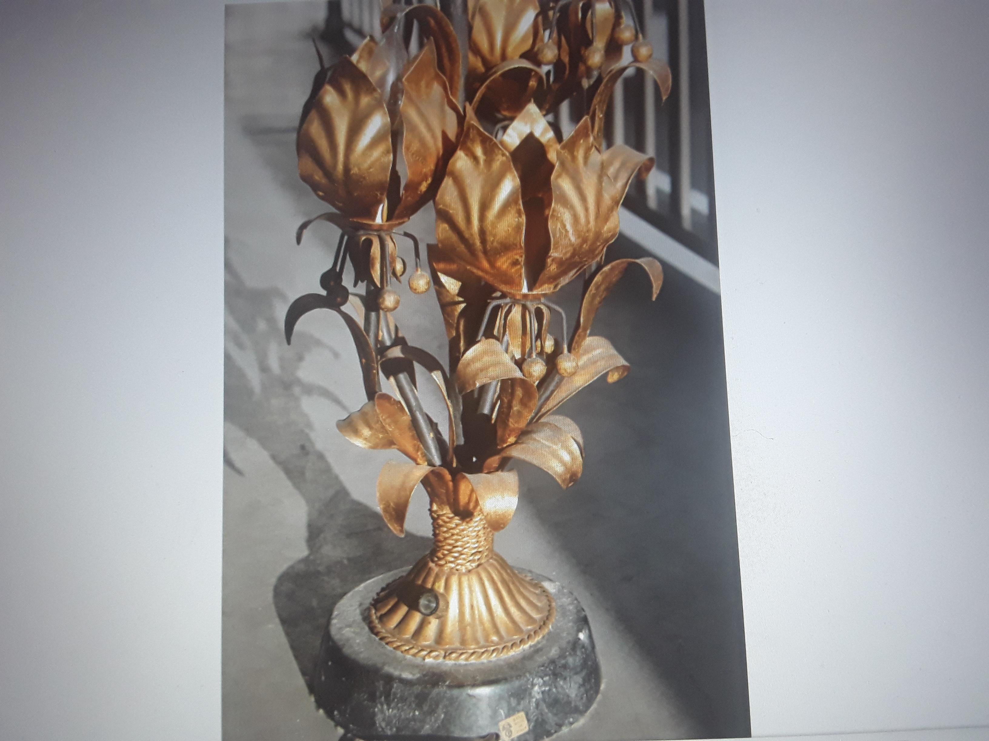 1950 French Mid Century Modern Gilt Tole Open Lotus Bud Table Lamp style Charles For Sale 6