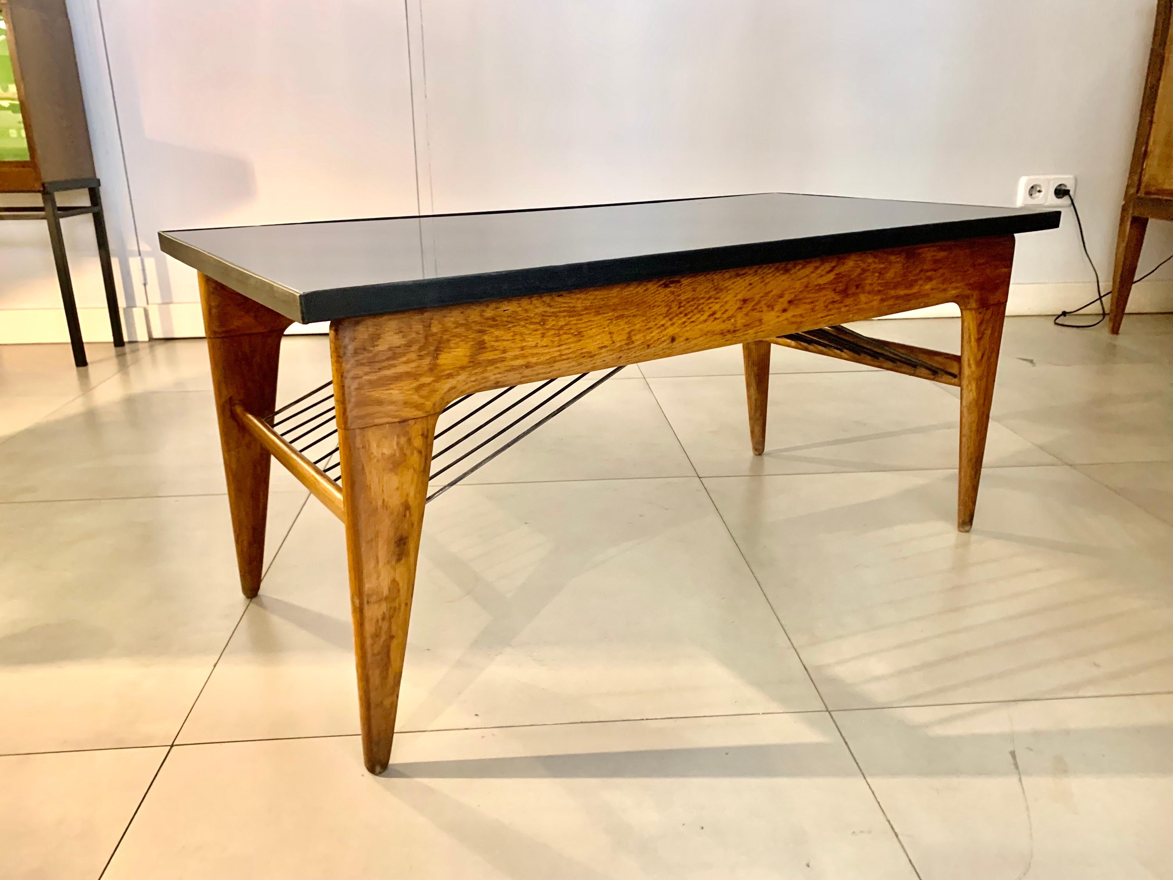 Metal 1950 French Oak Wood Coffee Table For Sale