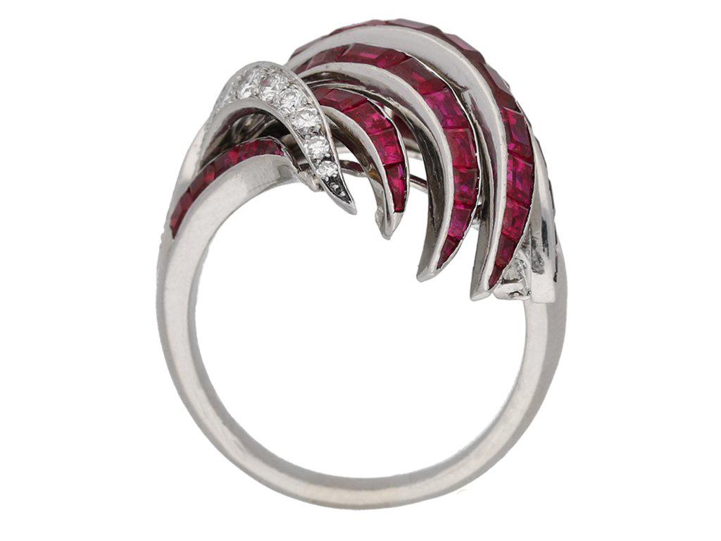 Tapered Baguette 1950 French Ruby Diamond Platinum Ring  For Sale