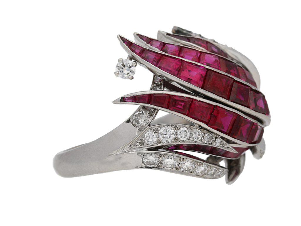 1950 French Ruby Diamond Platinum Ring For Sale 2