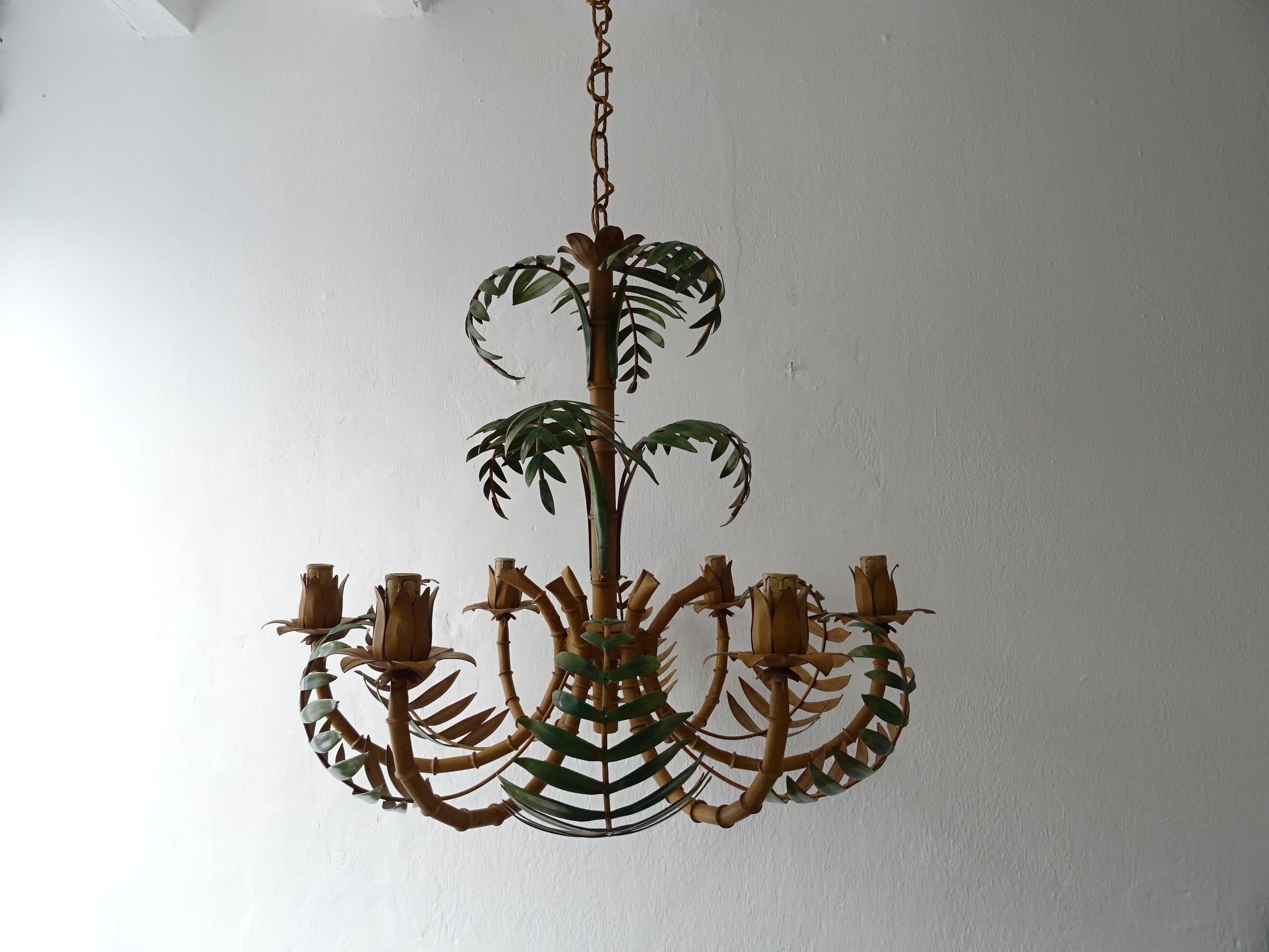 1950 French Tole Palm Tree 6 Light Chandelier Rare Big Size For Sale 6