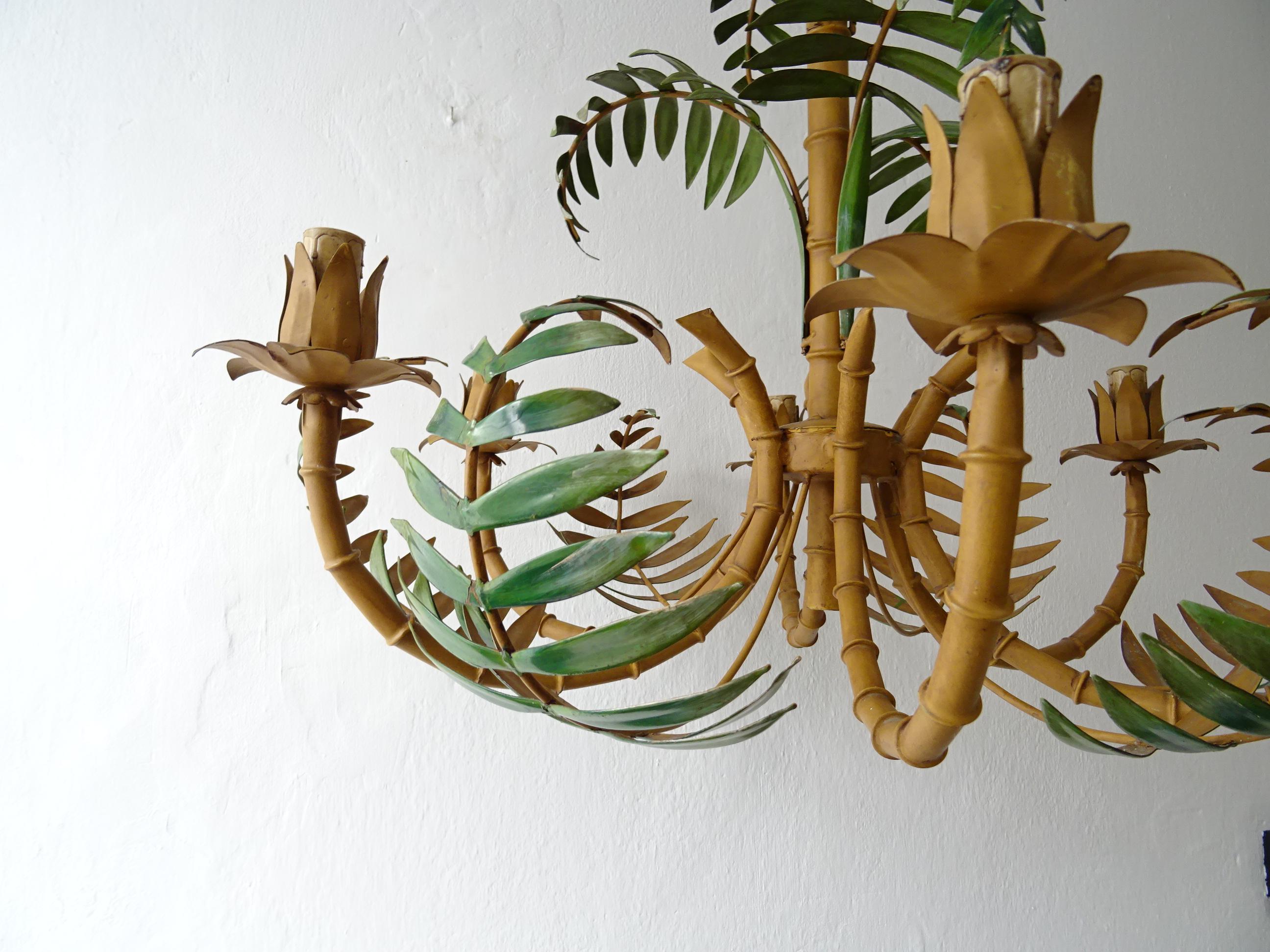 Mid-20th Century 1950 French Tole Palm Tree 6 Light Chandelier Rare Big Size For Sale