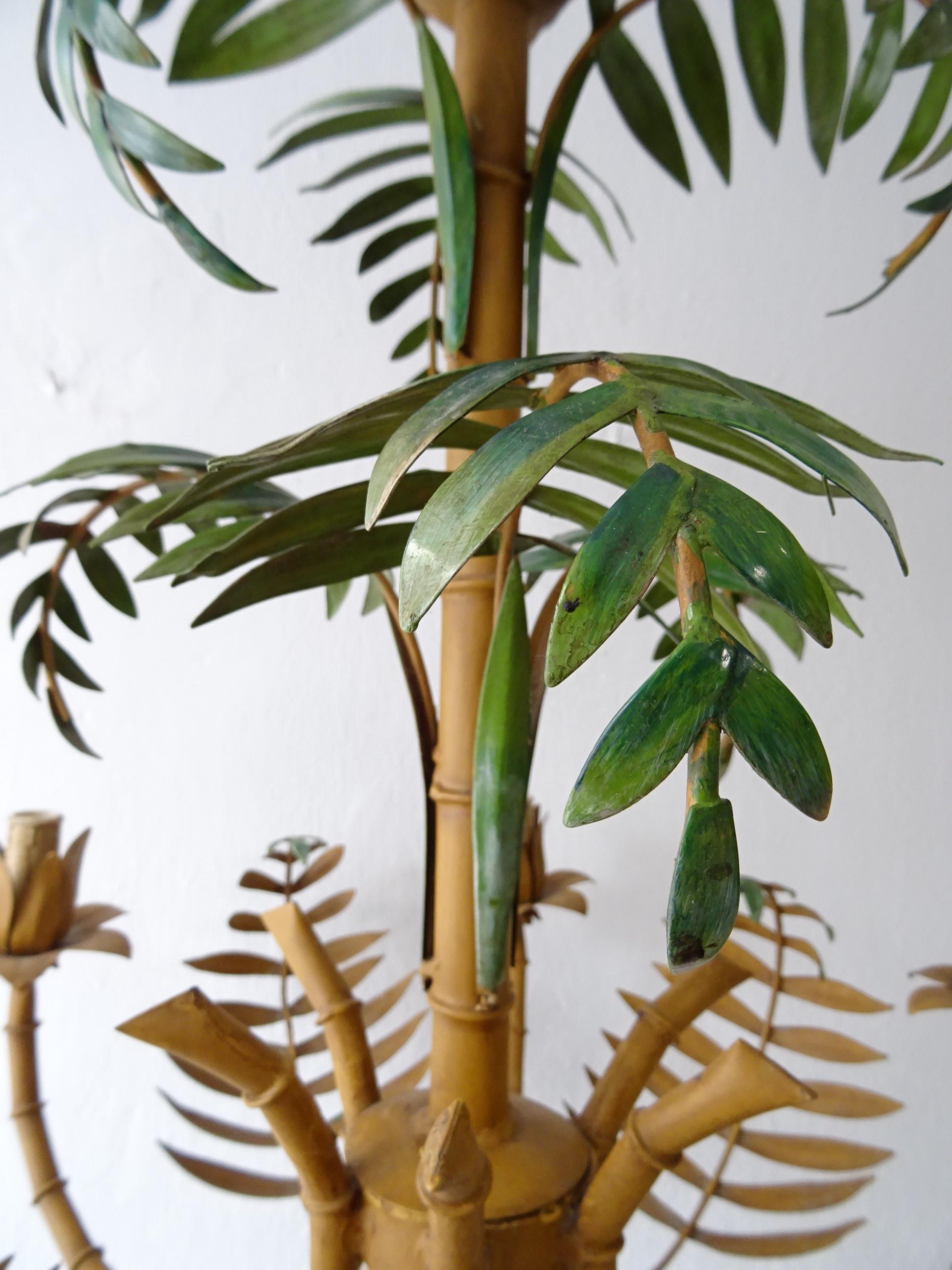 Tôle 1950 French Tole Palm Tree 6 Light Chandelier Rare Big Size For Sale