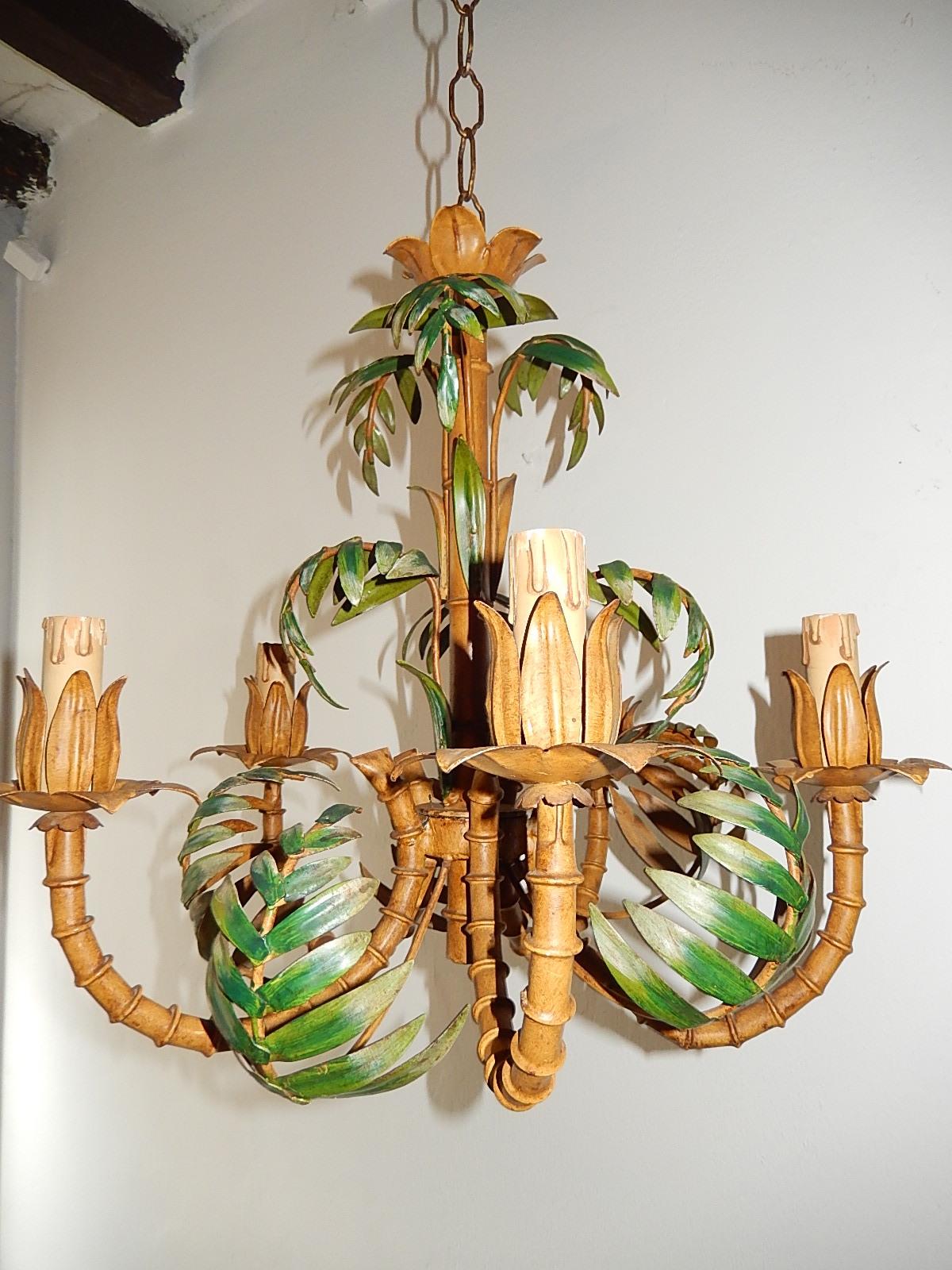 1950 French Tole Palm Tree Five-Light Chandelier Rare In Fair Condition For Sale In Firenze, Toscana