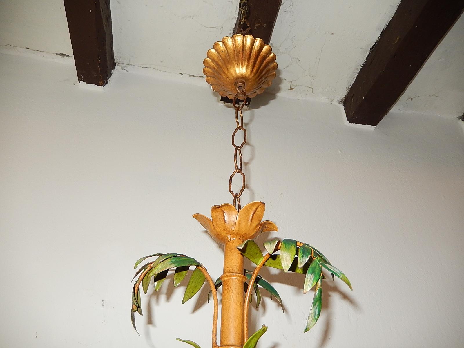 Mid-20th Century 1950 French Tole Palm Tree Five-Light Chandelier Rare For Sale