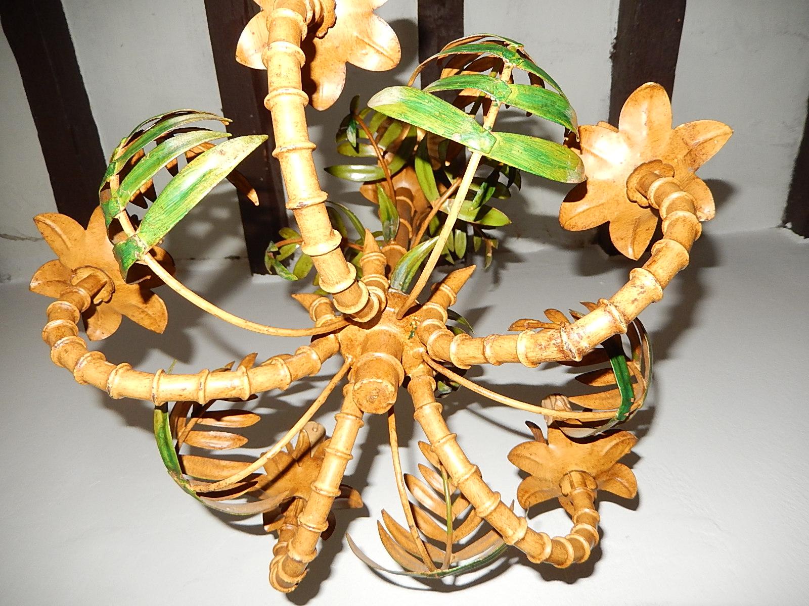 1950 French Tole Palm Tree Five-Light Chandelier Rare For Sale 4