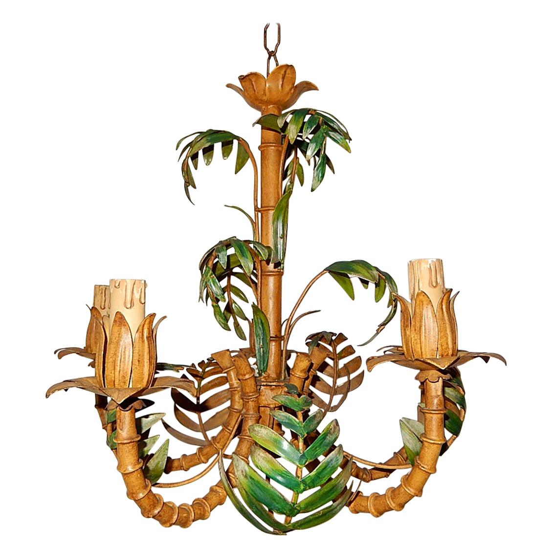 1950 French Tole Palm Tree Five-Light Chandelier Rare