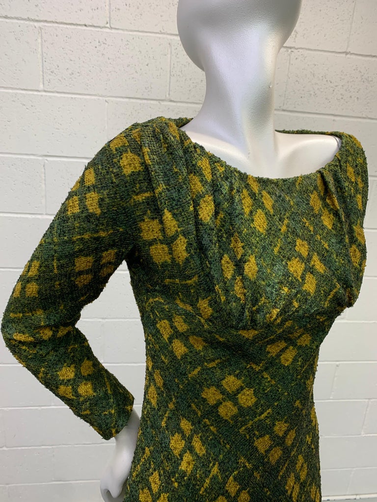1950 Galanos Olive & Mustard Color Fine Wool Boucle Dress & Cape Ensemble For Sale 6