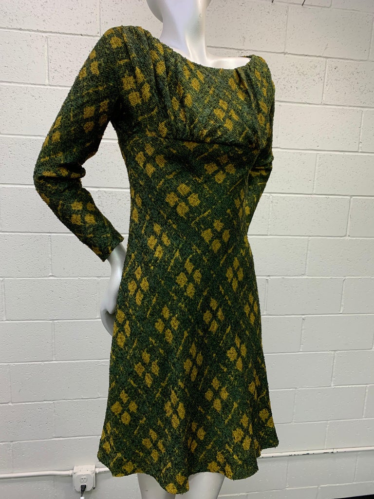 1950 Galanos Olive & Mustard Color Fine Wool Boucle Dress & Cape Ensemble For Sale 7