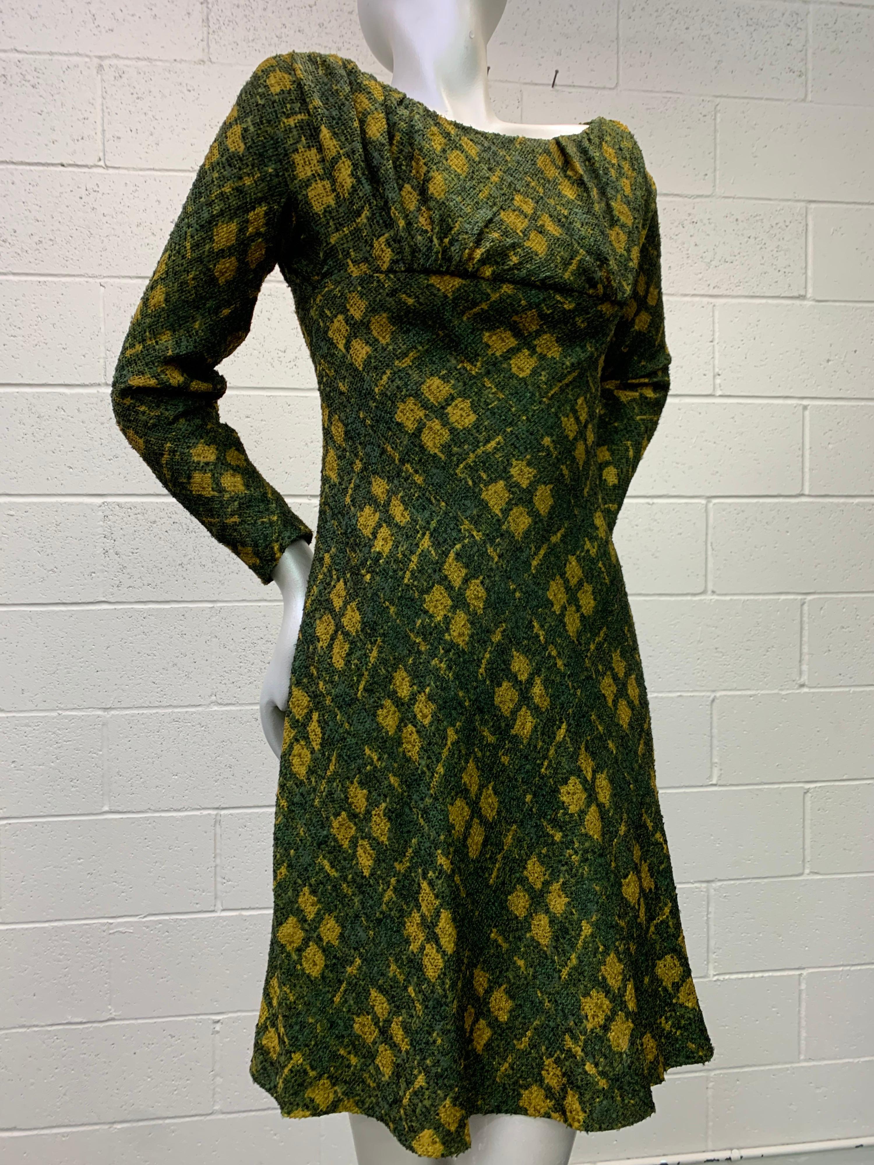 1950 Galanos Olive & Mustard Color Fine Wool Boucle Dress & Cape Ensemble For Sale 8