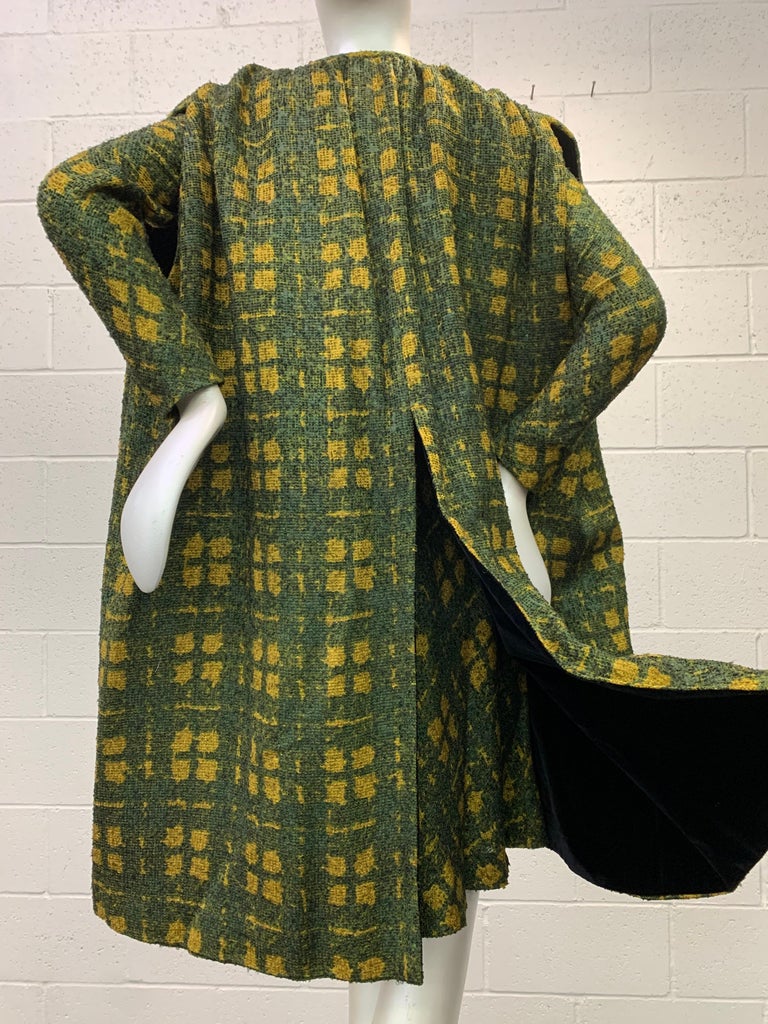 Black 1950 Galanos Olive & Mustard Color Fine Wool Boucle Dress & Cape Ensemble For Sale