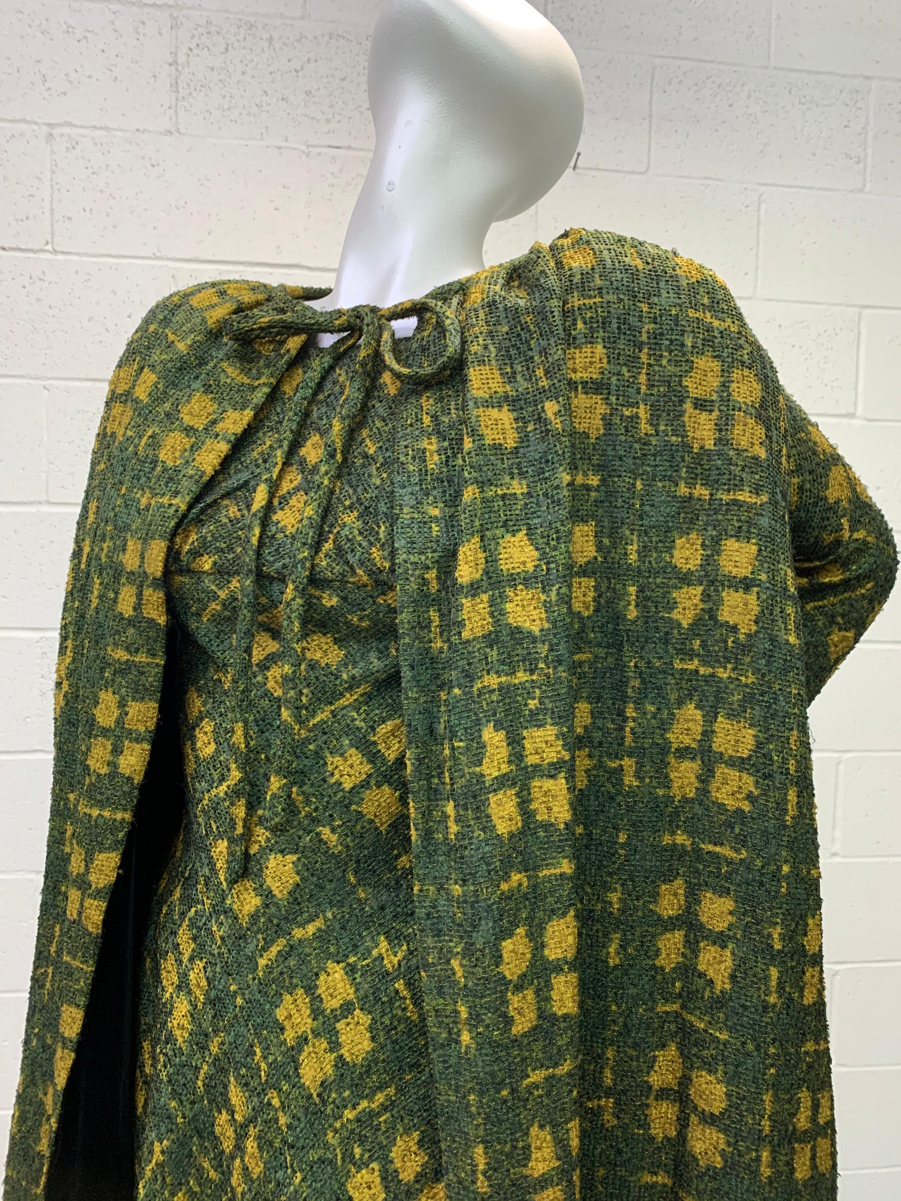 1950 Galanos Olive & Mustard Color Fine Wool Boucle Dress & Cape Ensemble In Excellent Condition For Sale In Gresham, OR