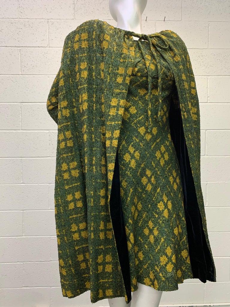 1950 Galanos Olive & Mustard Color Fine Wool Boucle Dress & Cape Ensemble For Sale 2