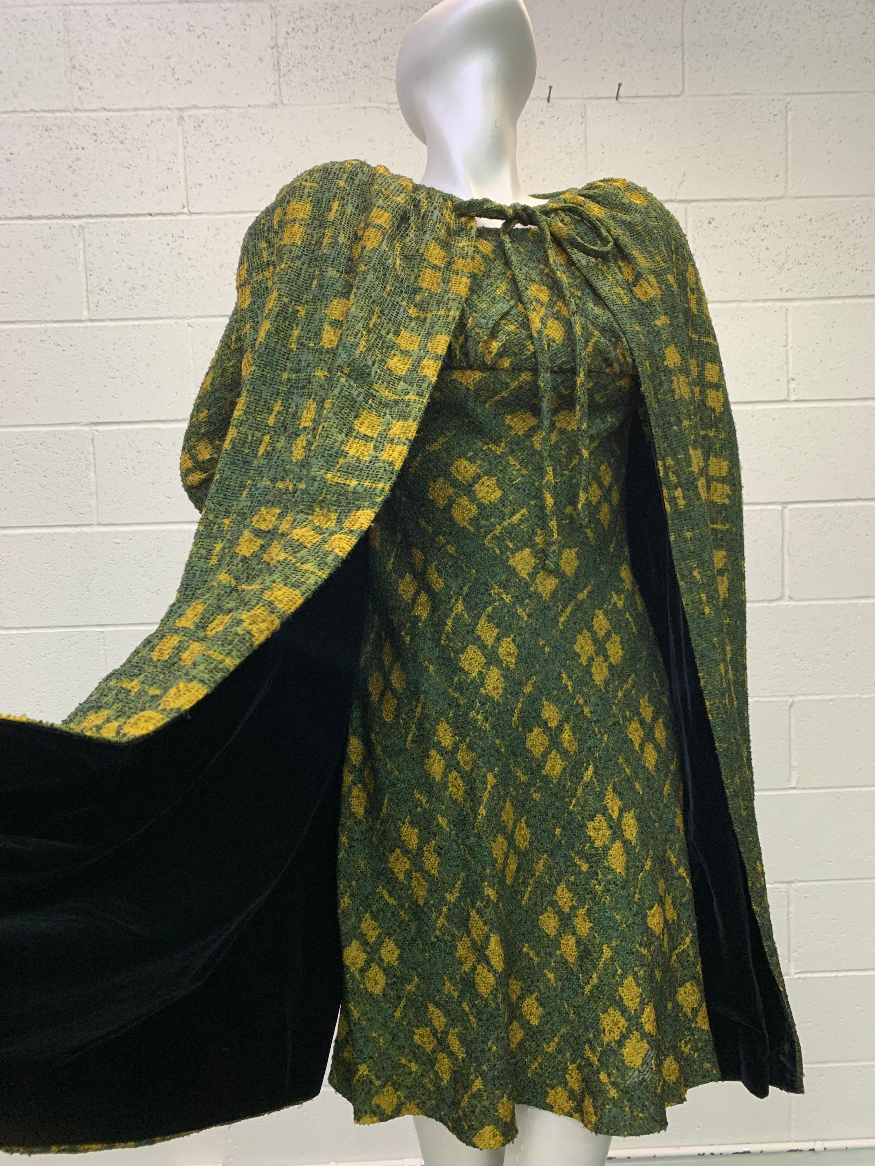 1950 Galanos Olive & Mustard Color Fine Wool Boucle Dress & Cape Ensemble For Sale 3