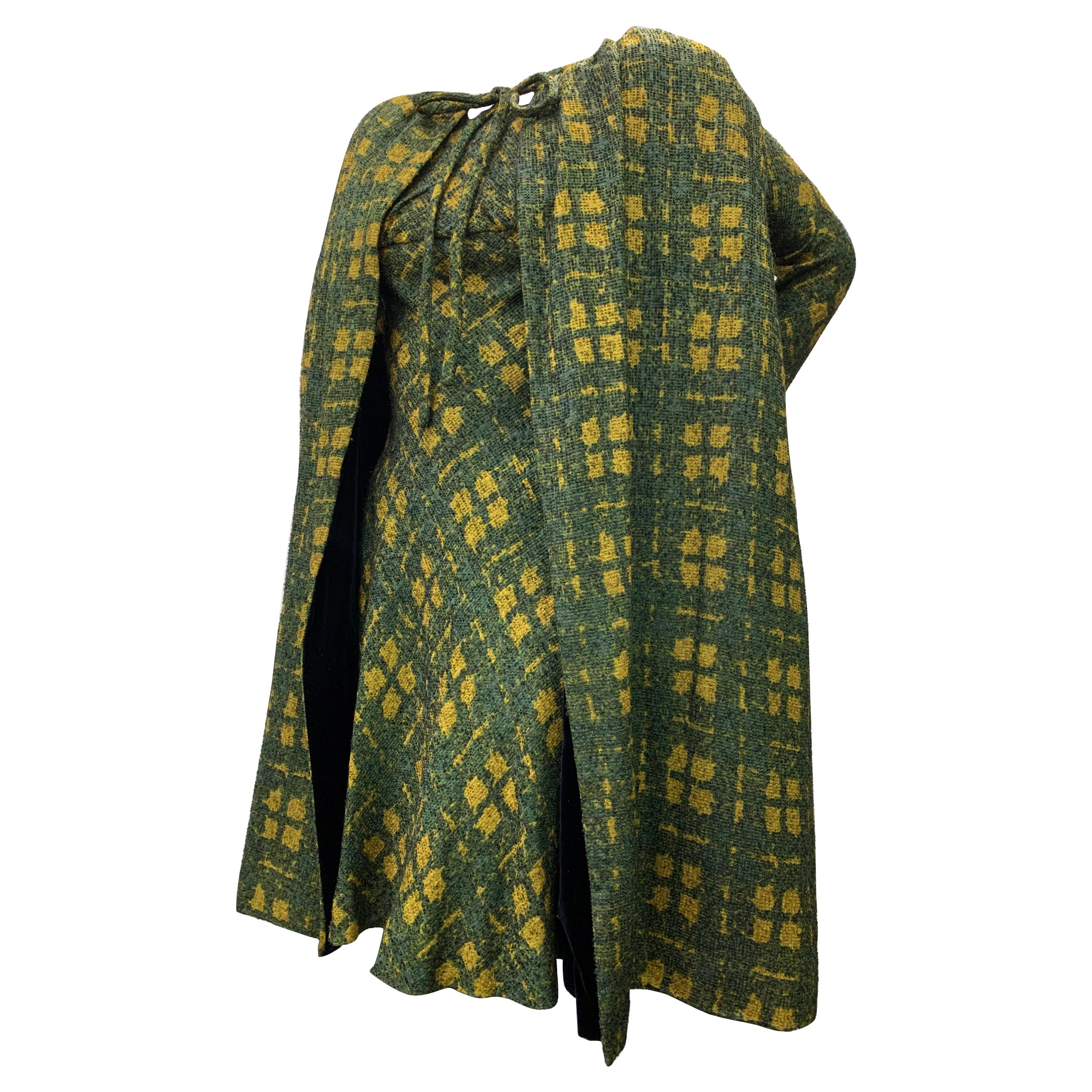 1950 Galanos Olive & Mustard Color Fine Wool Boucle Dress & Cape Ensemble For Sale