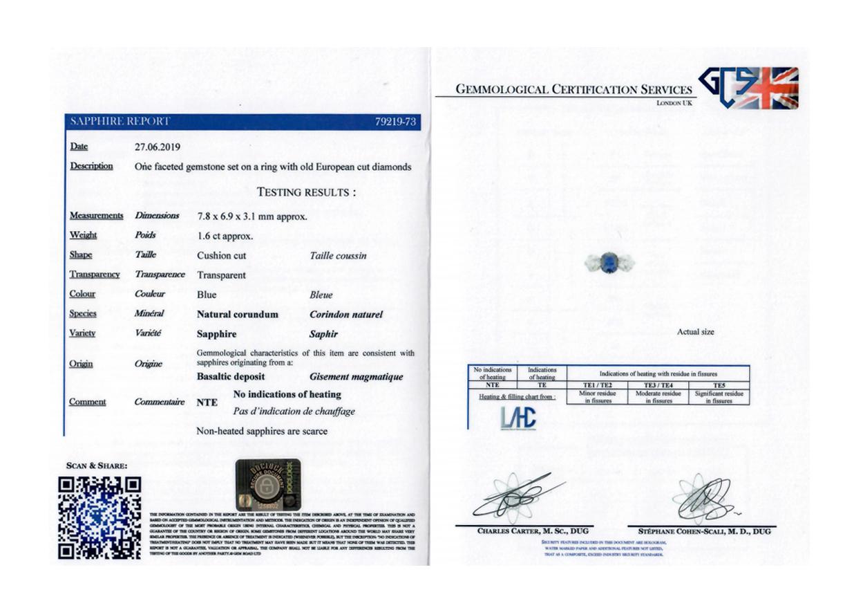 Retro Antique GCS Certified Natural Sapphire & Old European Diamond ring in Platinum