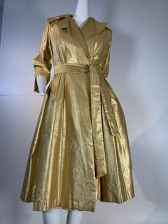 1950 Gold Lame ShowGirl Belted Trench Coat W/Notched Collar Size 6