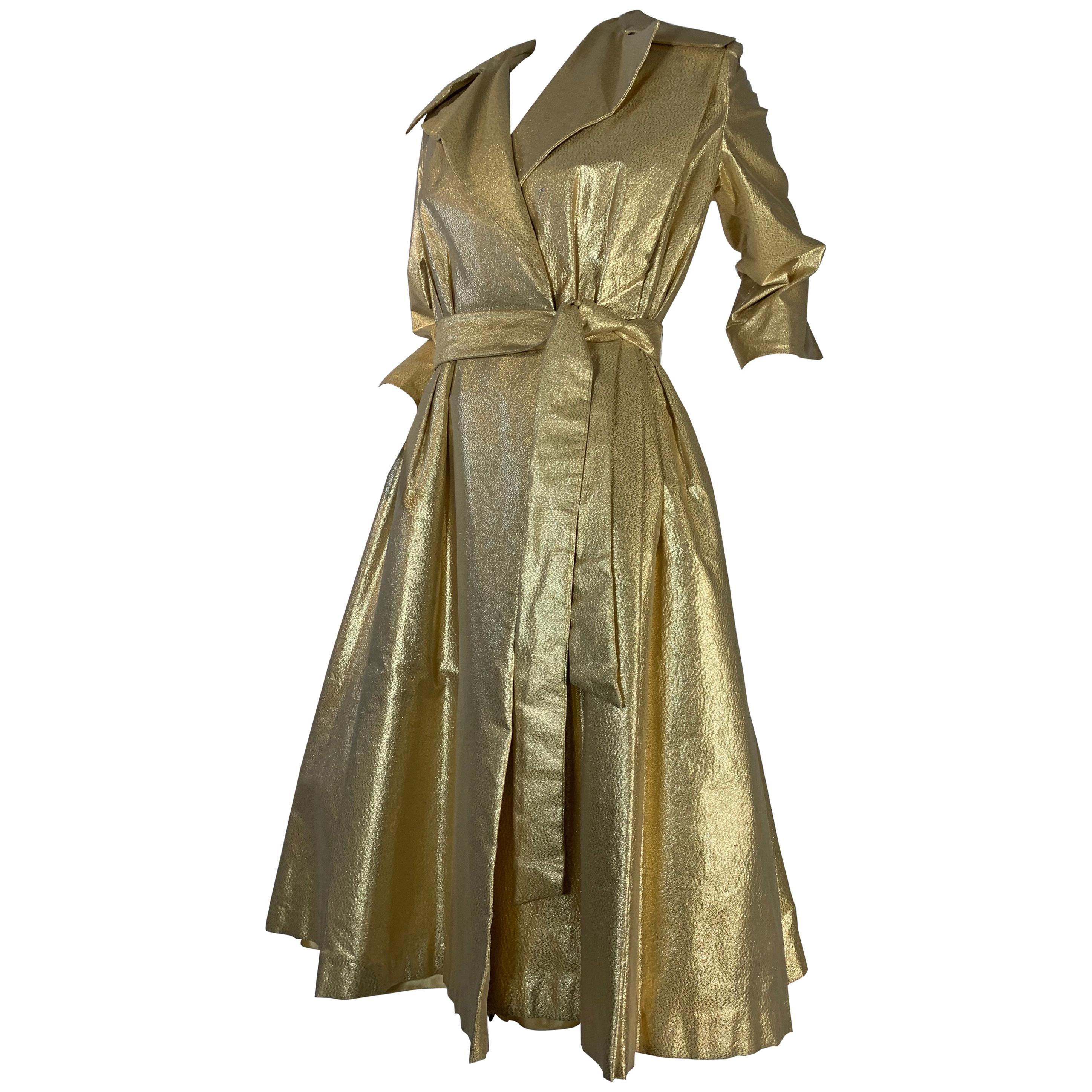 1950 Gold Lame ShowGirl Belted Trench Coat W/Notched Collar Size 6