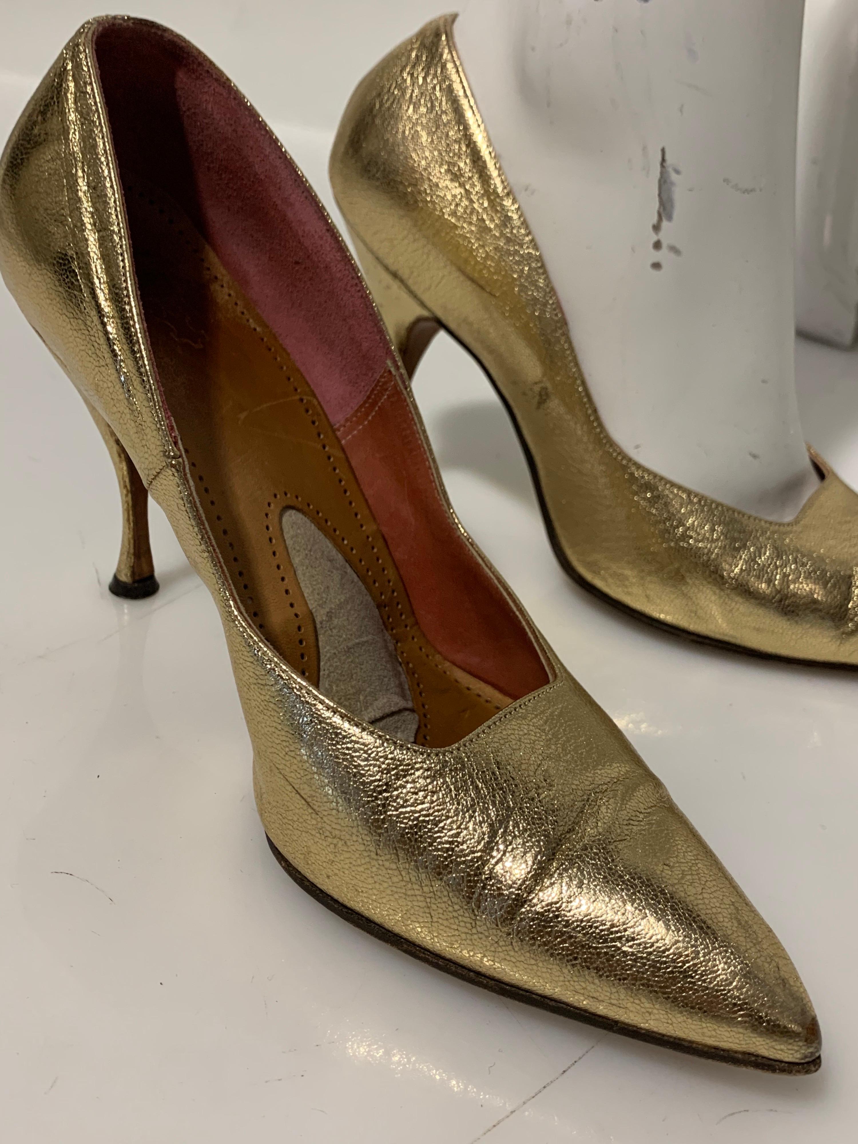Brown 1950 Gold Metallic Leather Pointed Toe Stiletto Shoes Made In Germany Size 7B