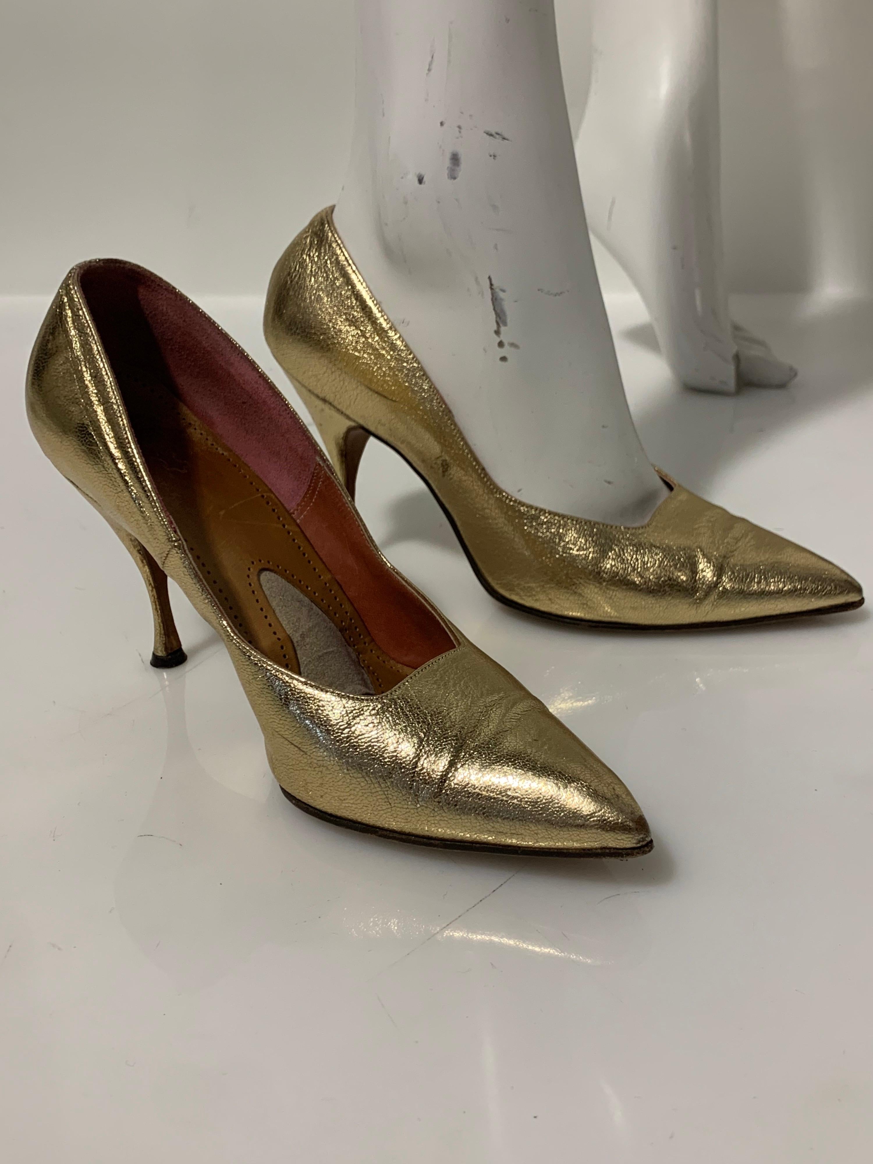 Women's 1950 Gold Metallic Leather Pointed Toe Stiletto Shoes Made In Germany Size 7B