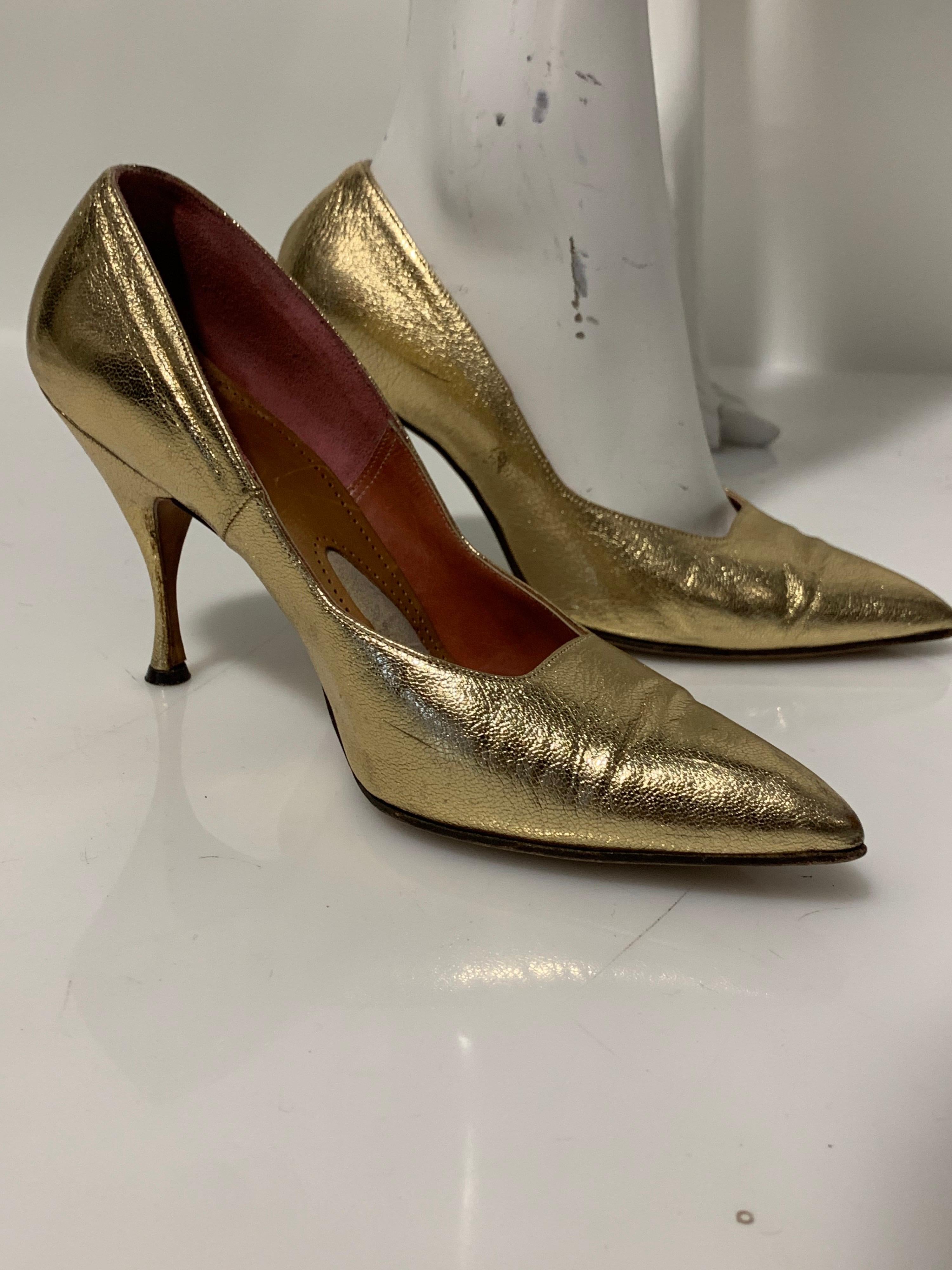 1950 Gold Metallic Leather Pointed Toe Stiletto Shoes Made In Germany Size 7B 1