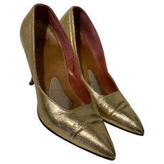 1950 Gold Metallic Leather Pointed Toe Stiletto Shoes Made In Germany Size 7B