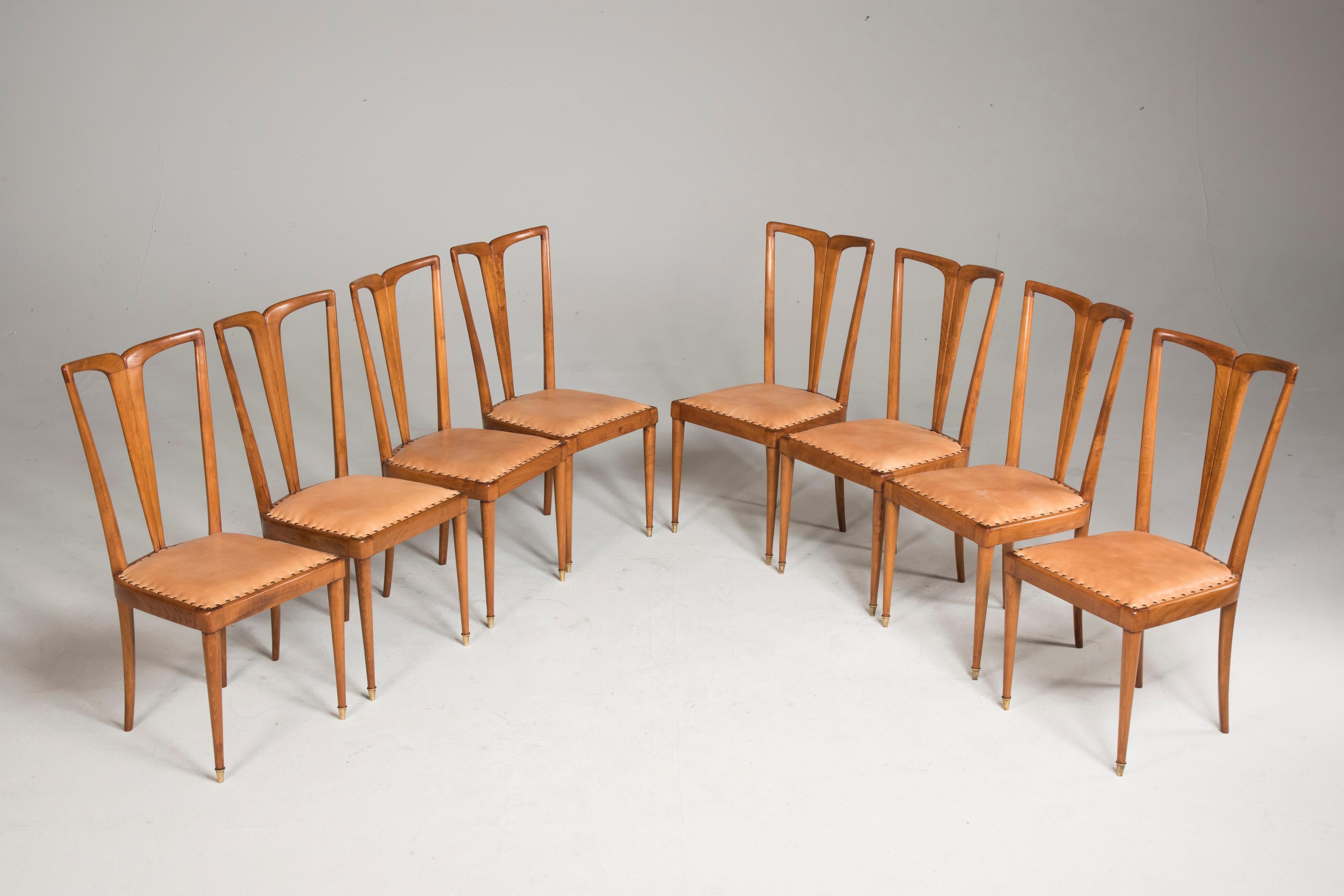 1950 Guglielmo Ulrich Wood and Light Brown Leather Dining Chairs, Set of Eight 5