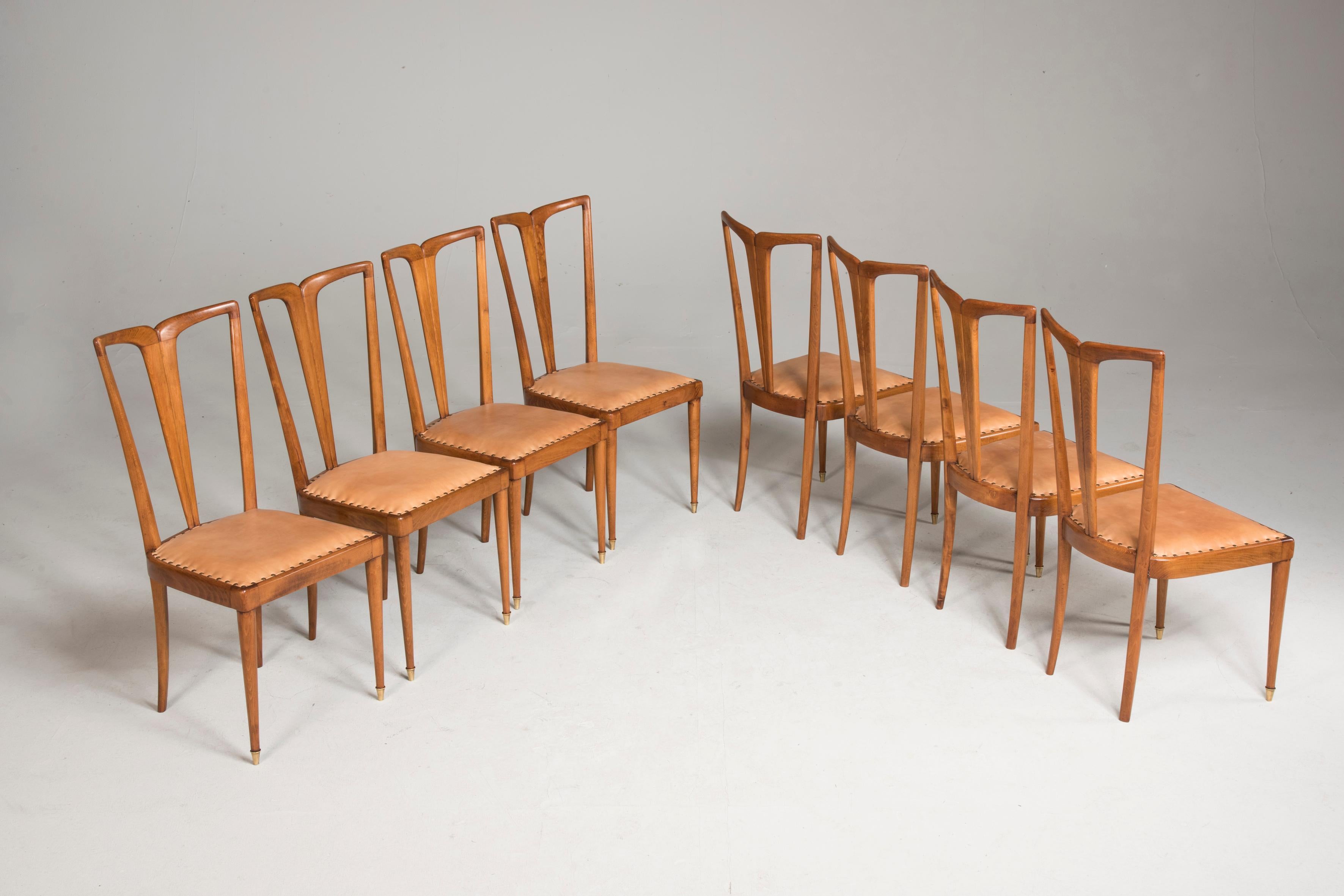 1950 Guglielmo Ulrich Wood and Light Brown Leather Dining Chairs, Set of Eight 6