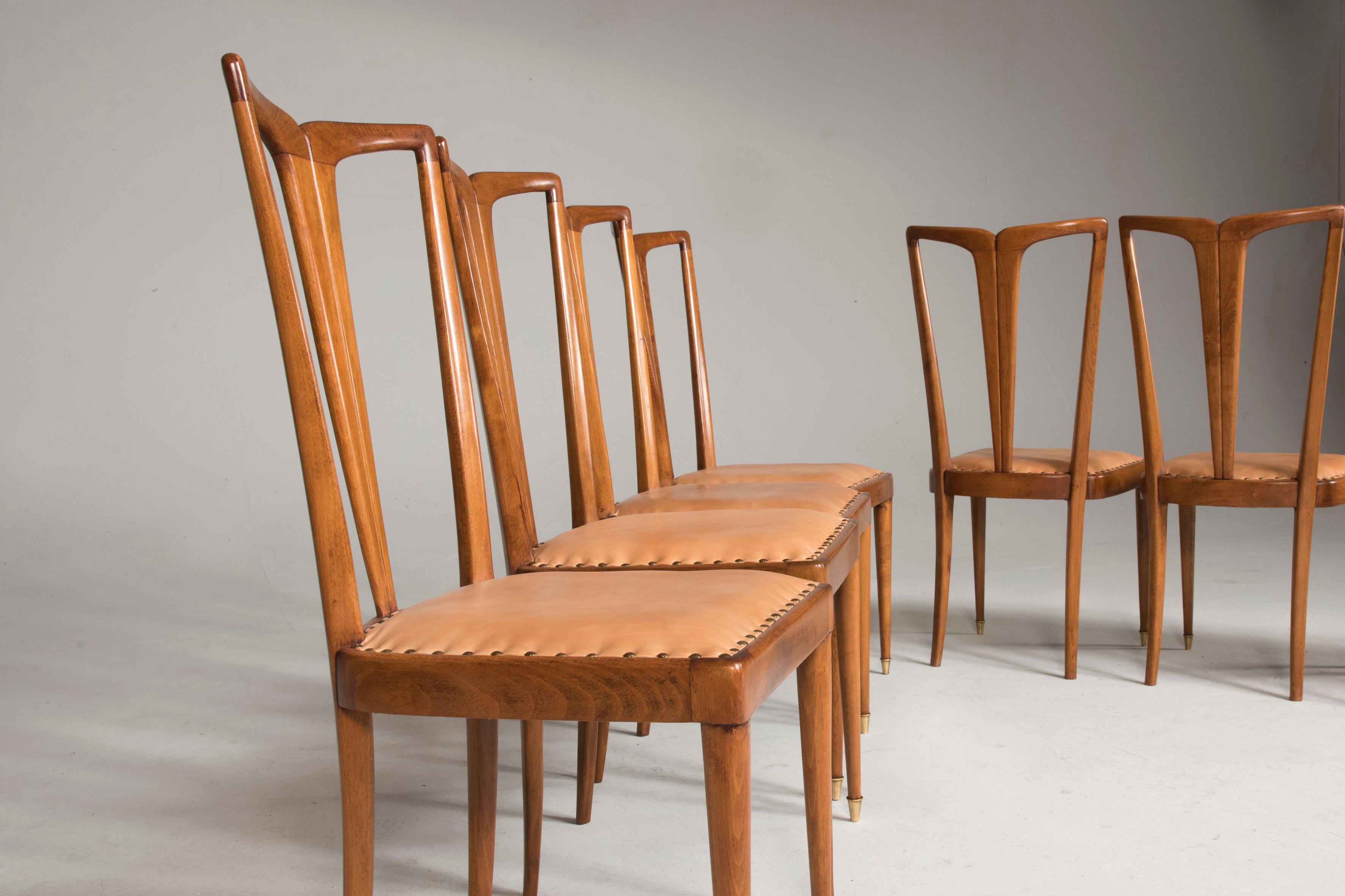 1950 Guglielmo Ulrich Wood and Light Brown Leather Dining Chairs, Set of Eight 7