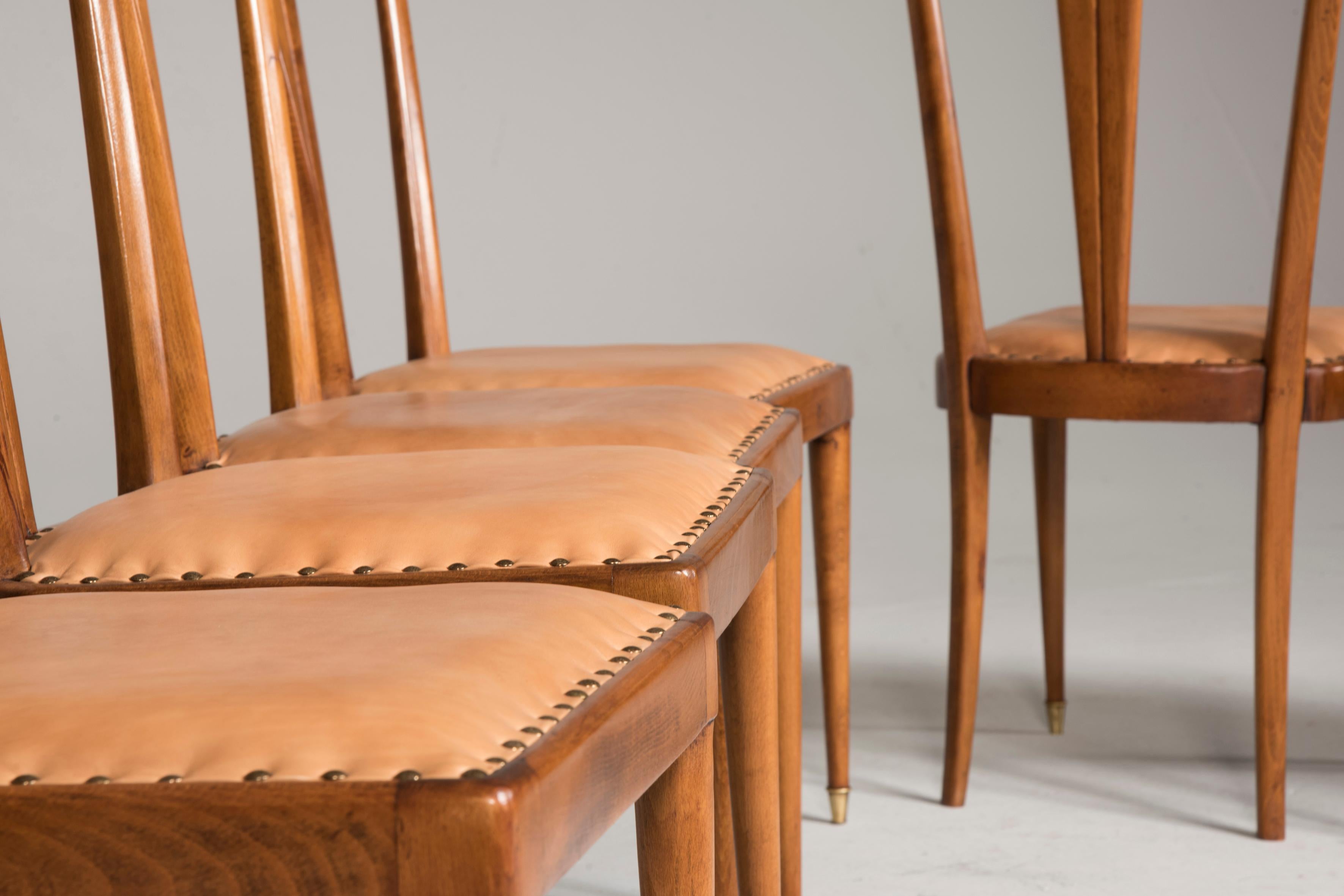 1950 Guglielmo Ulrich Wood and Light Brown Leather Dining Chairs, Set of Eight 8