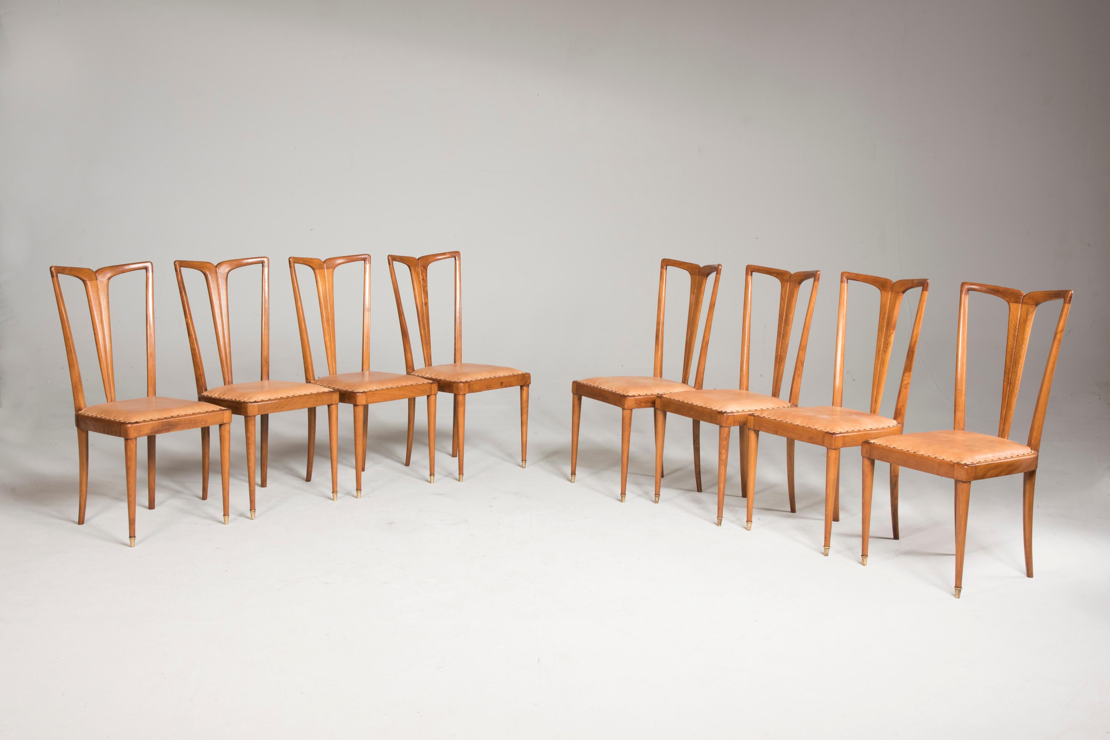 Mid-Century Modern 1950 Guglielmo Ulrich Wood and Light Brown Leather Dining Chairs, Set of Eight