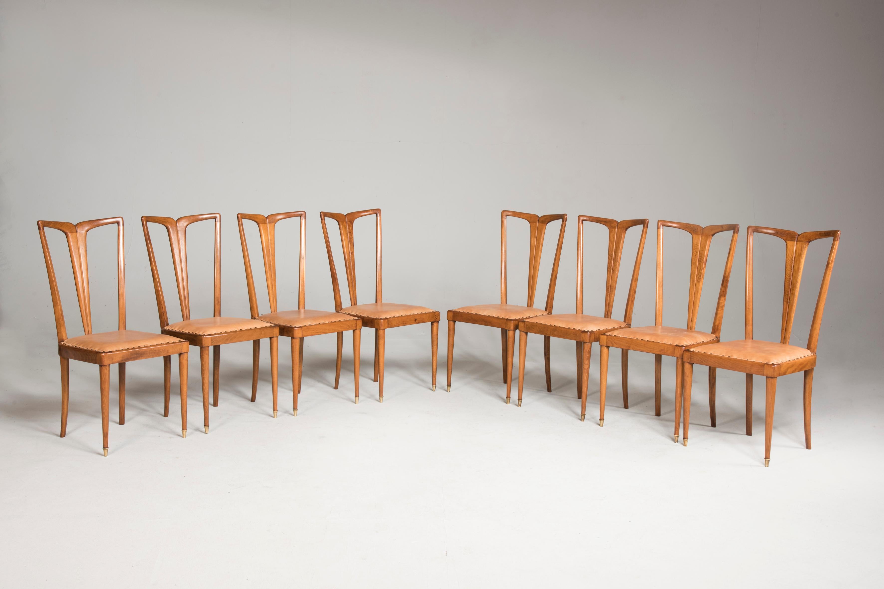 Italian 1950 Guglielmo Ulrich Wood and Light Brown Leather Dining Chairs, Set of Eight
