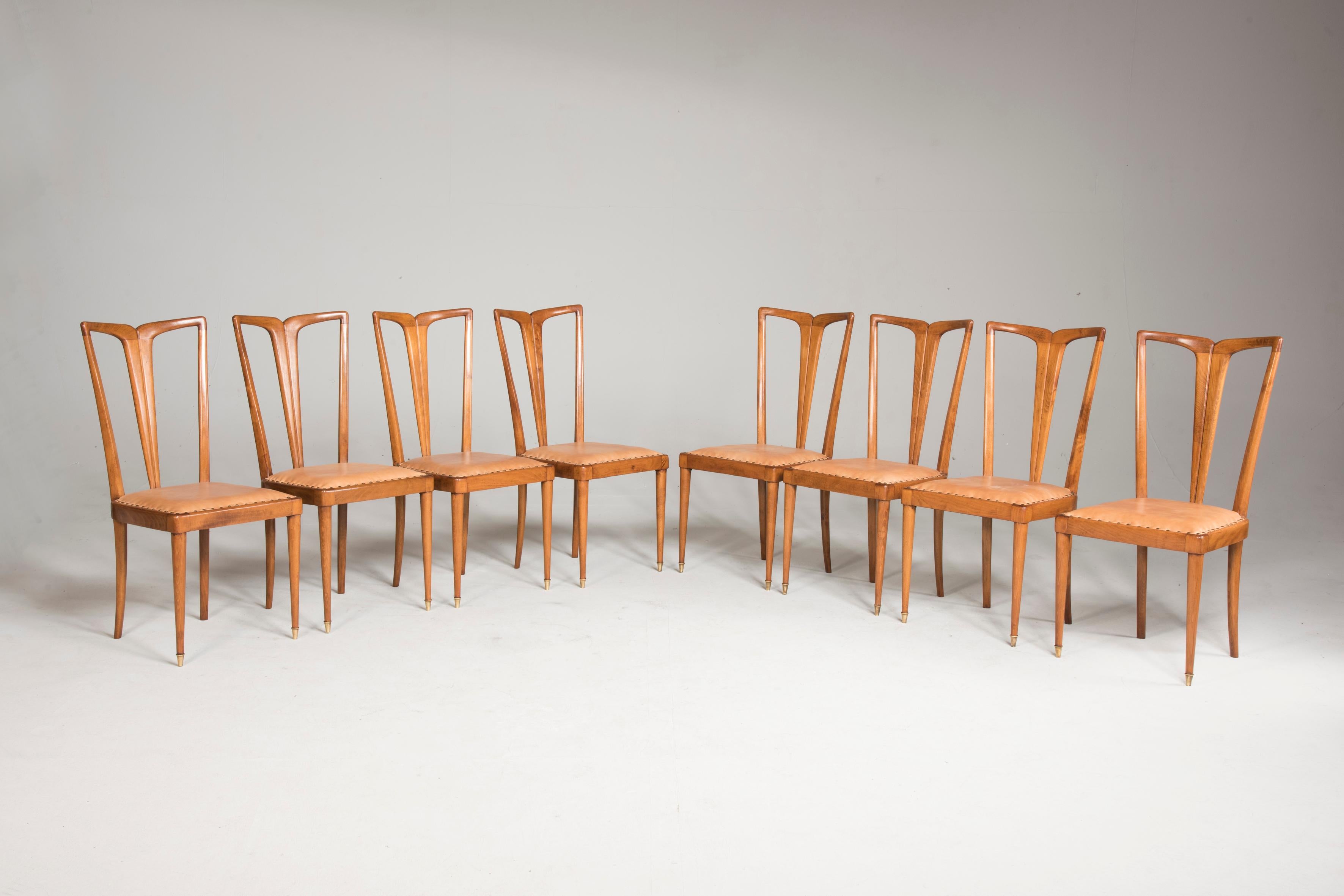 20th Century 1950 Guglielmo Ulrich Wood and Light Brown Leather Dining Chairs, Set of Eight