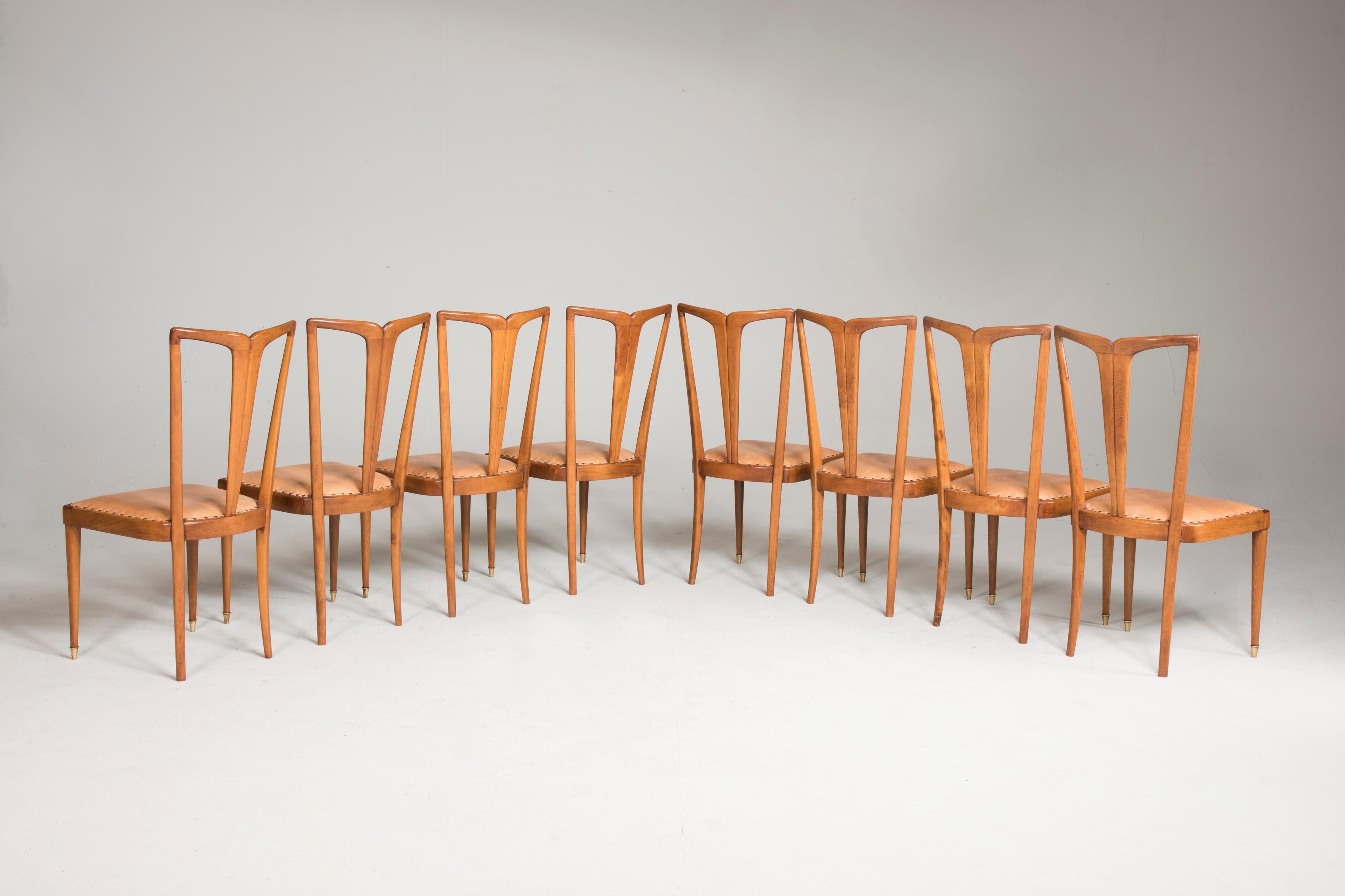 1950 Guglielmo Ulrich Wood and Light Brown Leather Dining Chairs, Set of Eight 1
