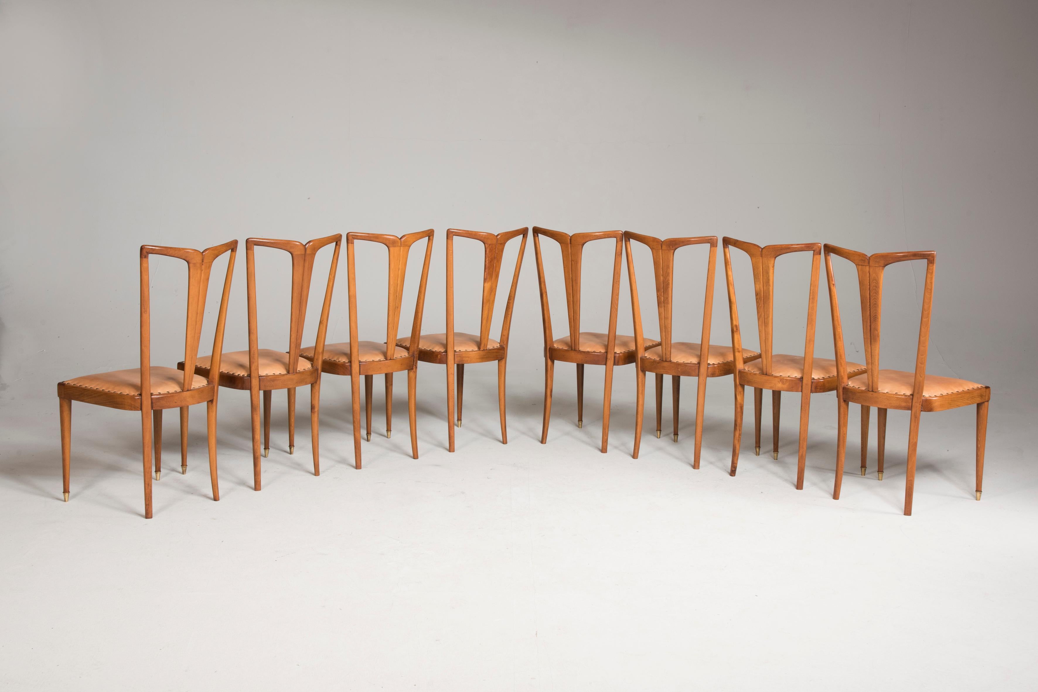 1950 Guglielmo Ulrich Wood and Light Brown Leather Dining Chairs, Set of Eight 2